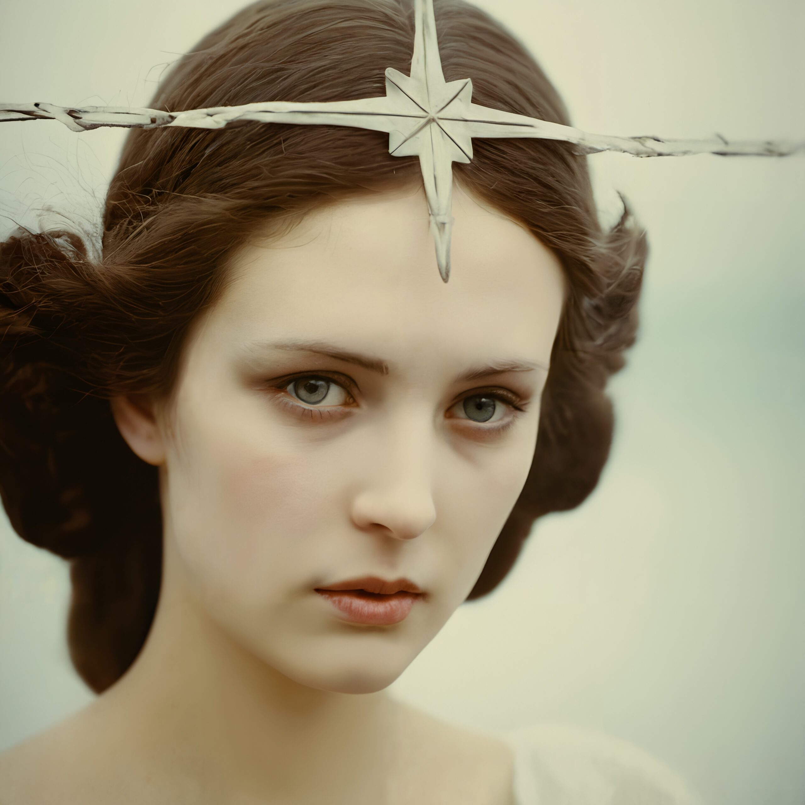 Portrait of a young woman with a star diadem, conveying mysticism and elegance.