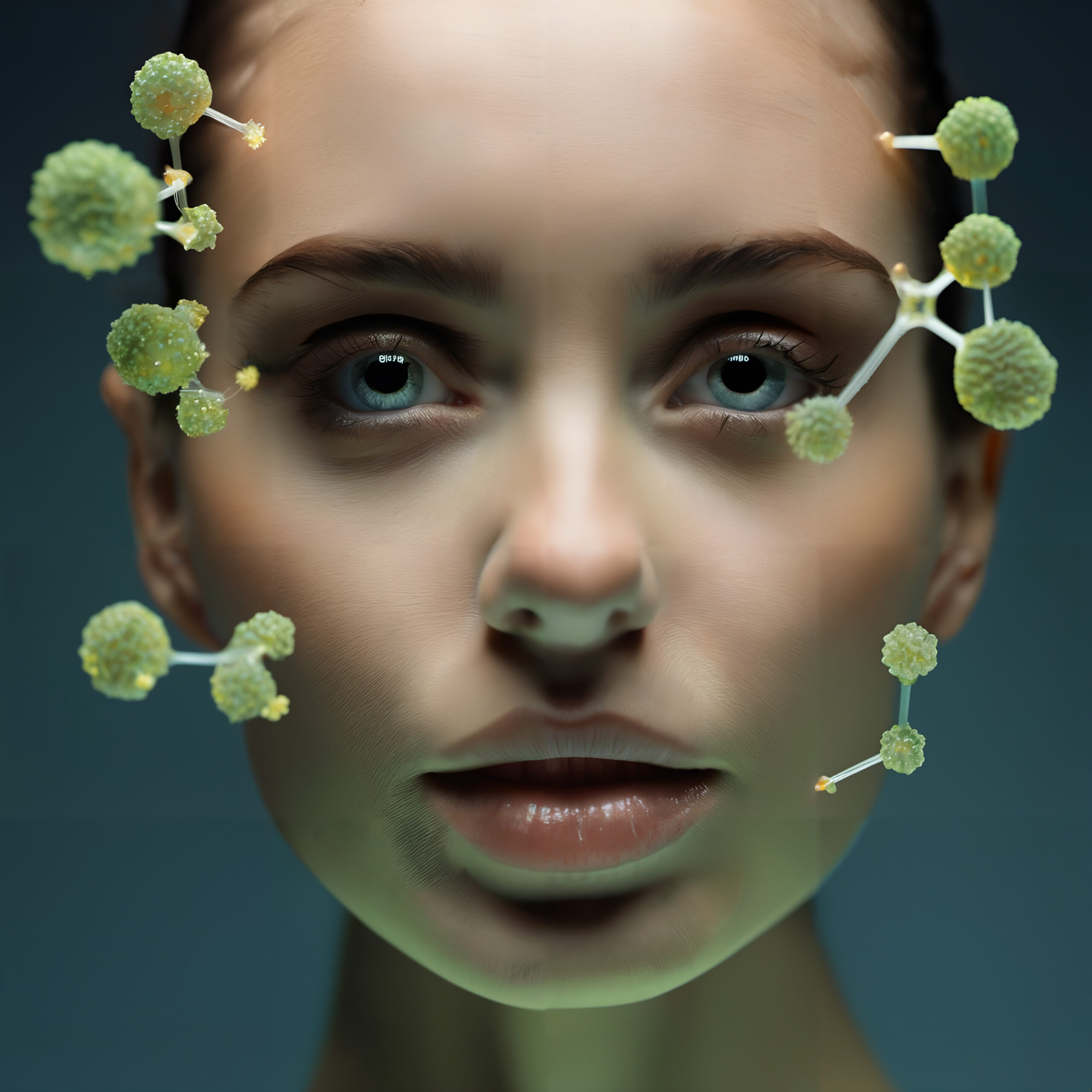 A woman with green molecules around her face