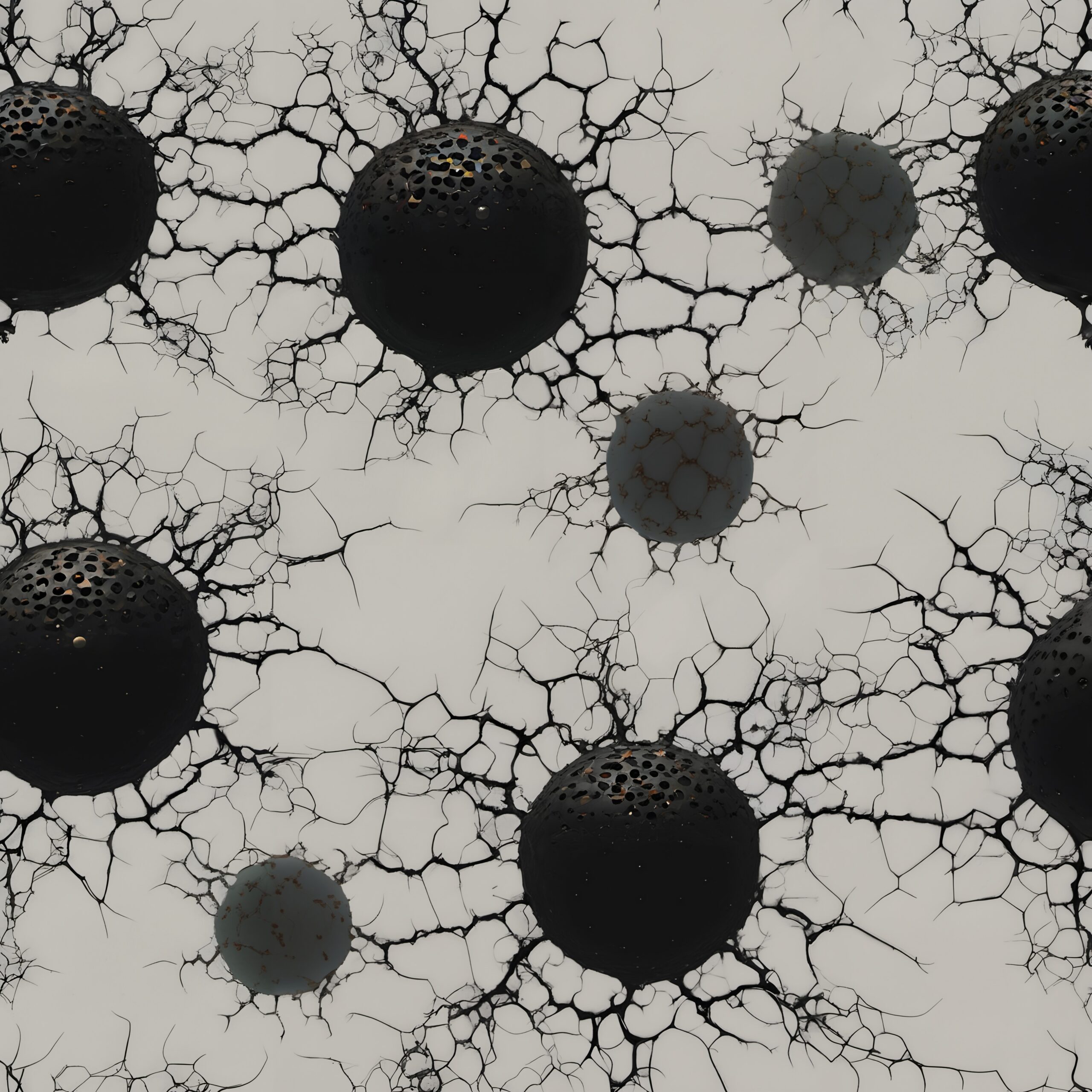"Abstract spheres with intricate web-like connections on a light gray background, showcasing a blend of organic and geometric elements."