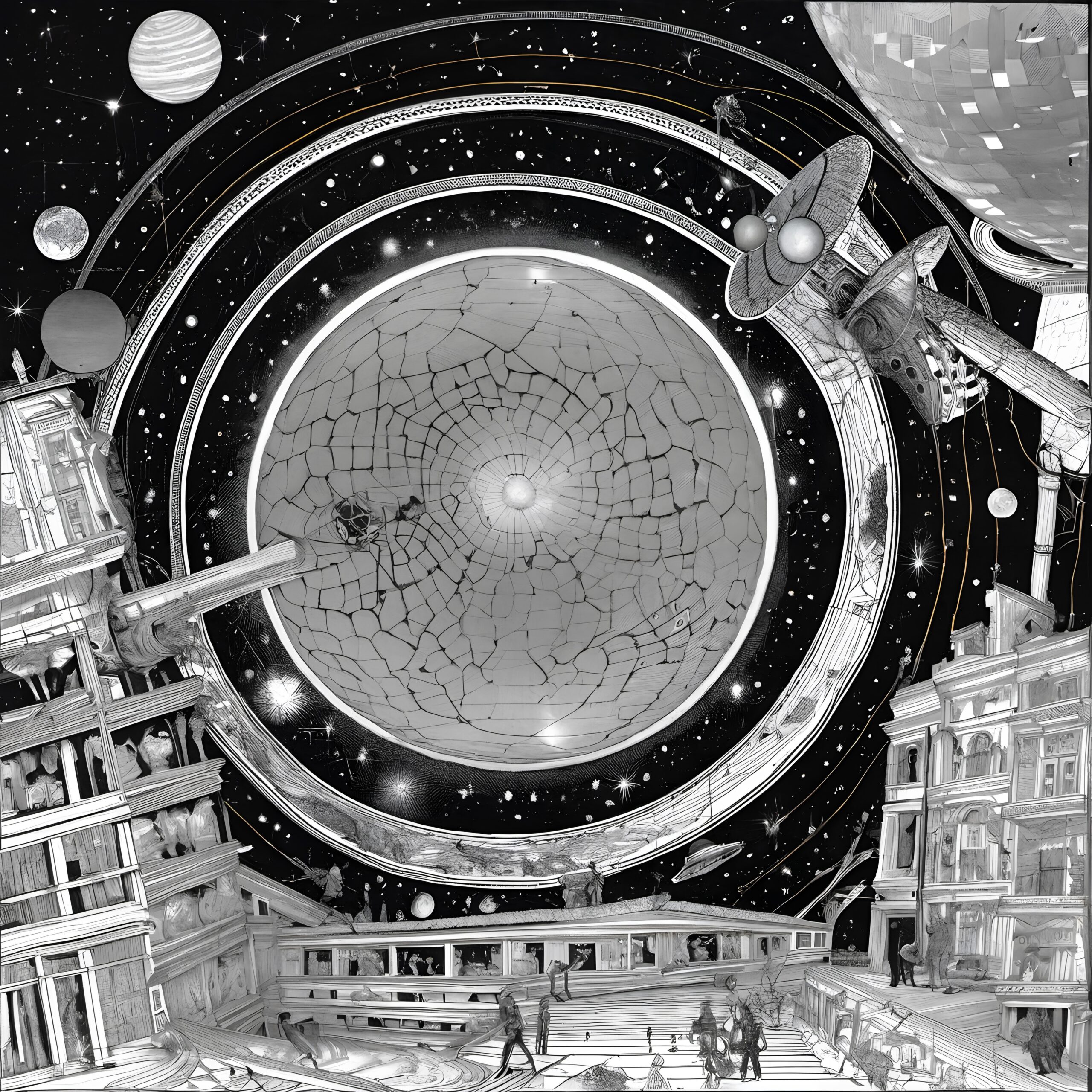 A surreal cityscape merging with cosmic elements, featuring planets and a central cracked dome, rendered in intricate black-and-white detail.