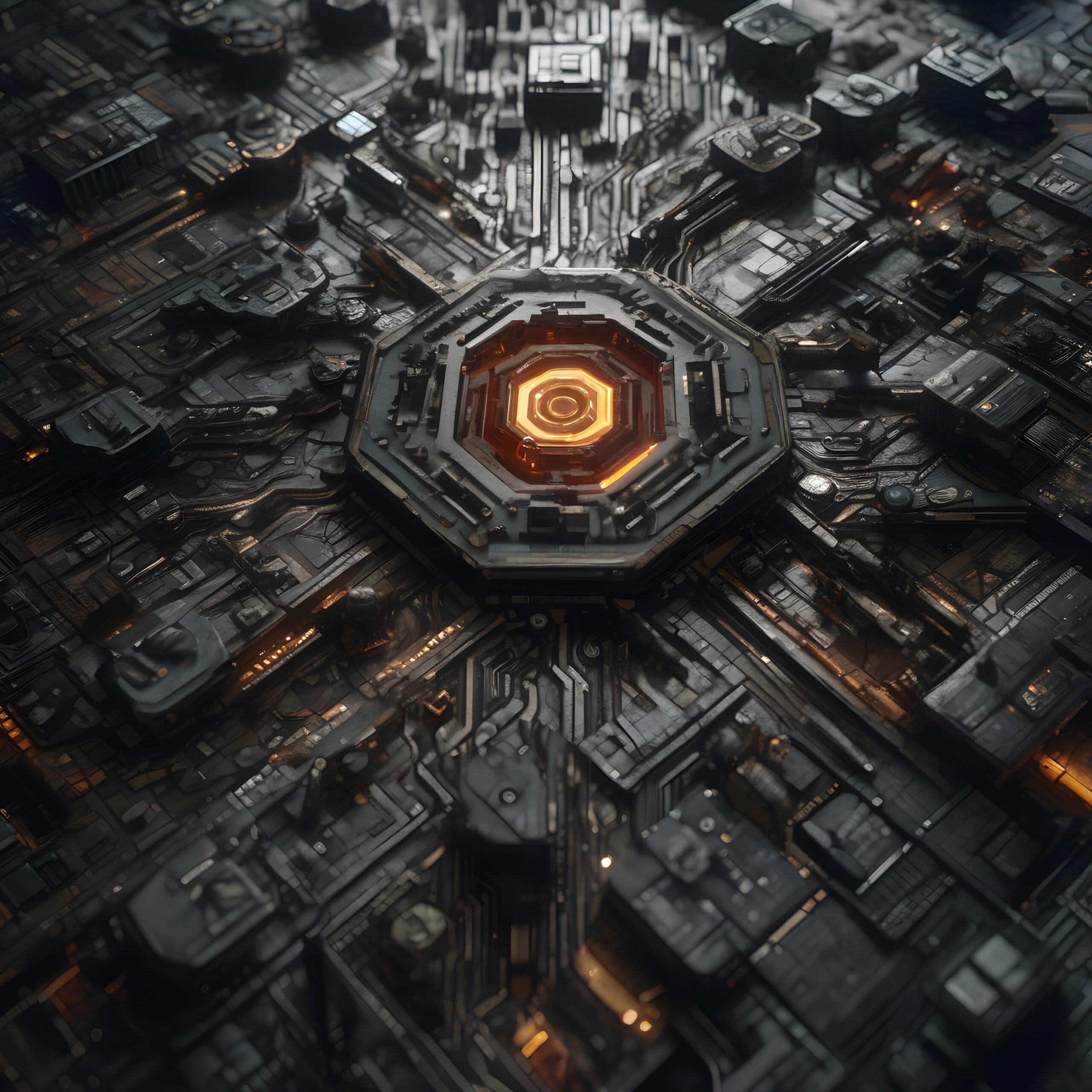 Intricate sci-fi circuitry with glowing center.