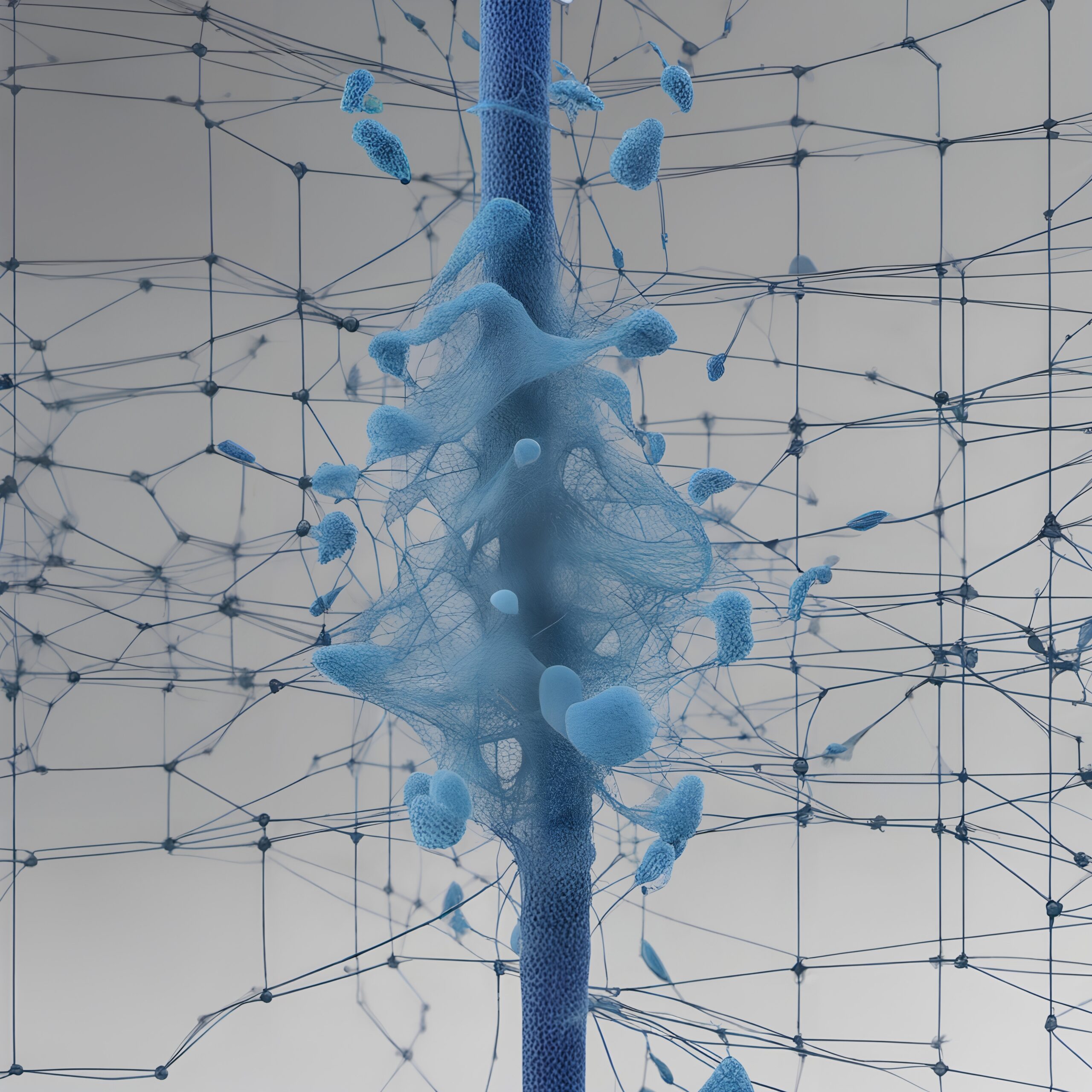 Abstract blue network of interconnected fibers.