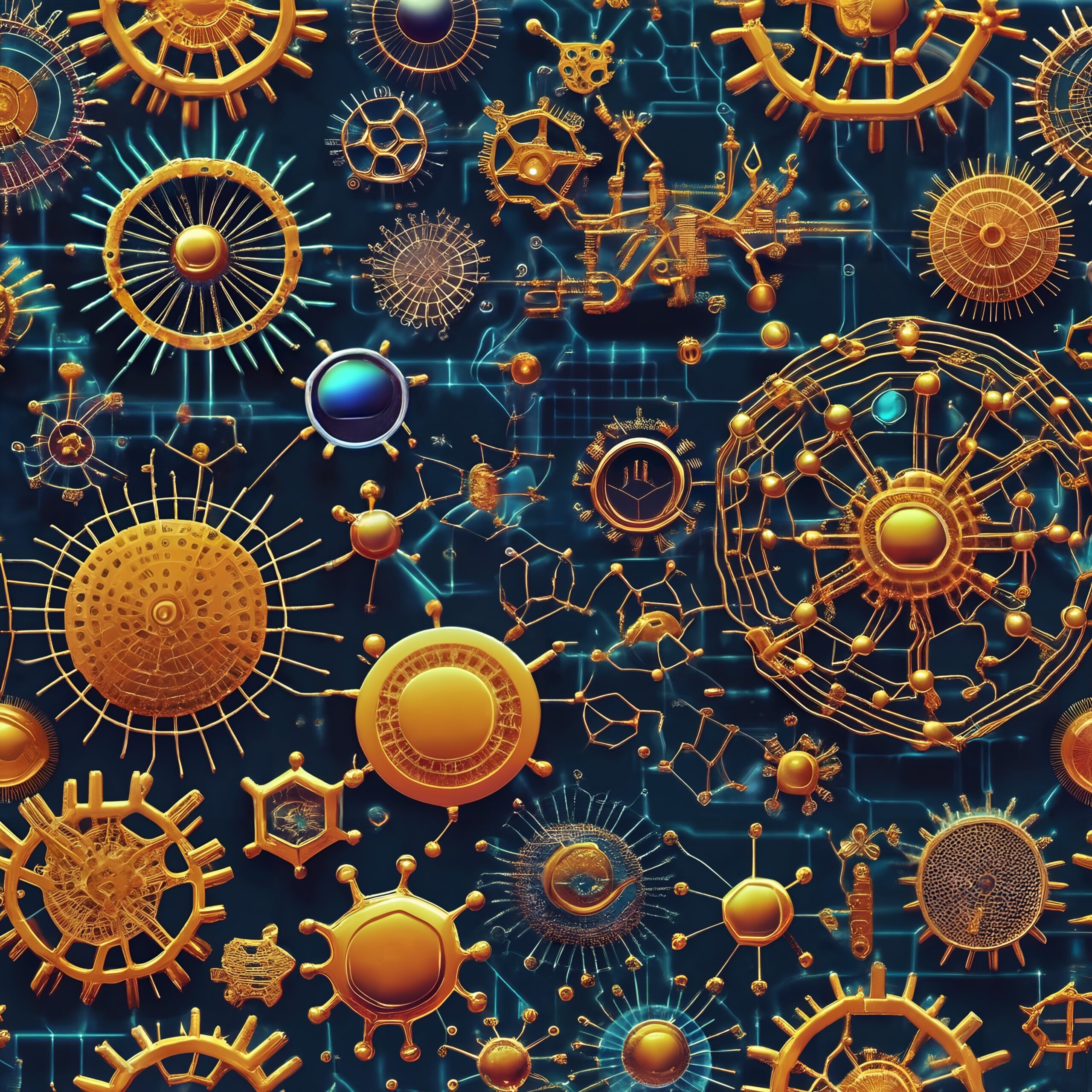 Intricate golden gears and nodes network on dark blue background.