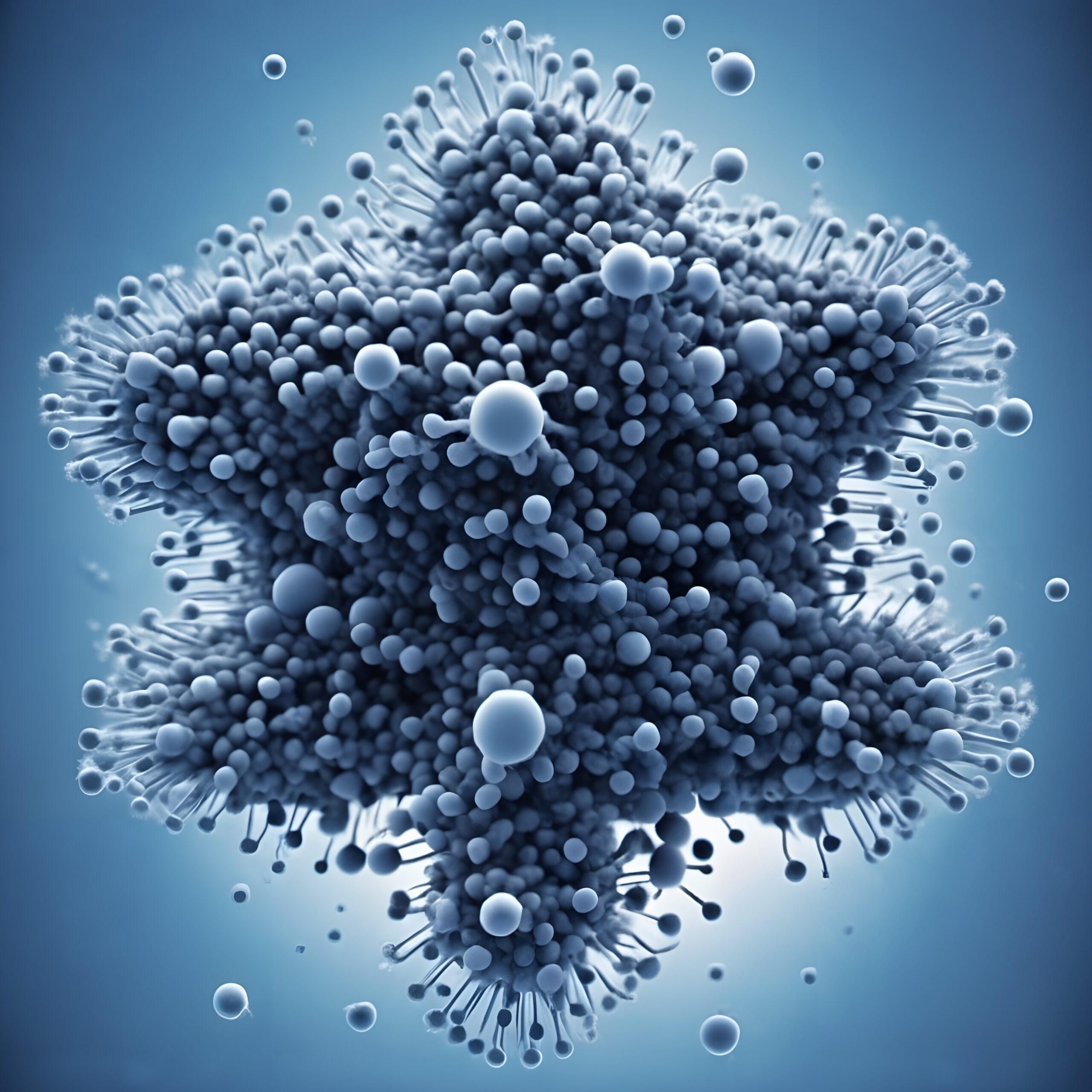 Microscopic visualization of a complex virus structure against a blue gradient background.