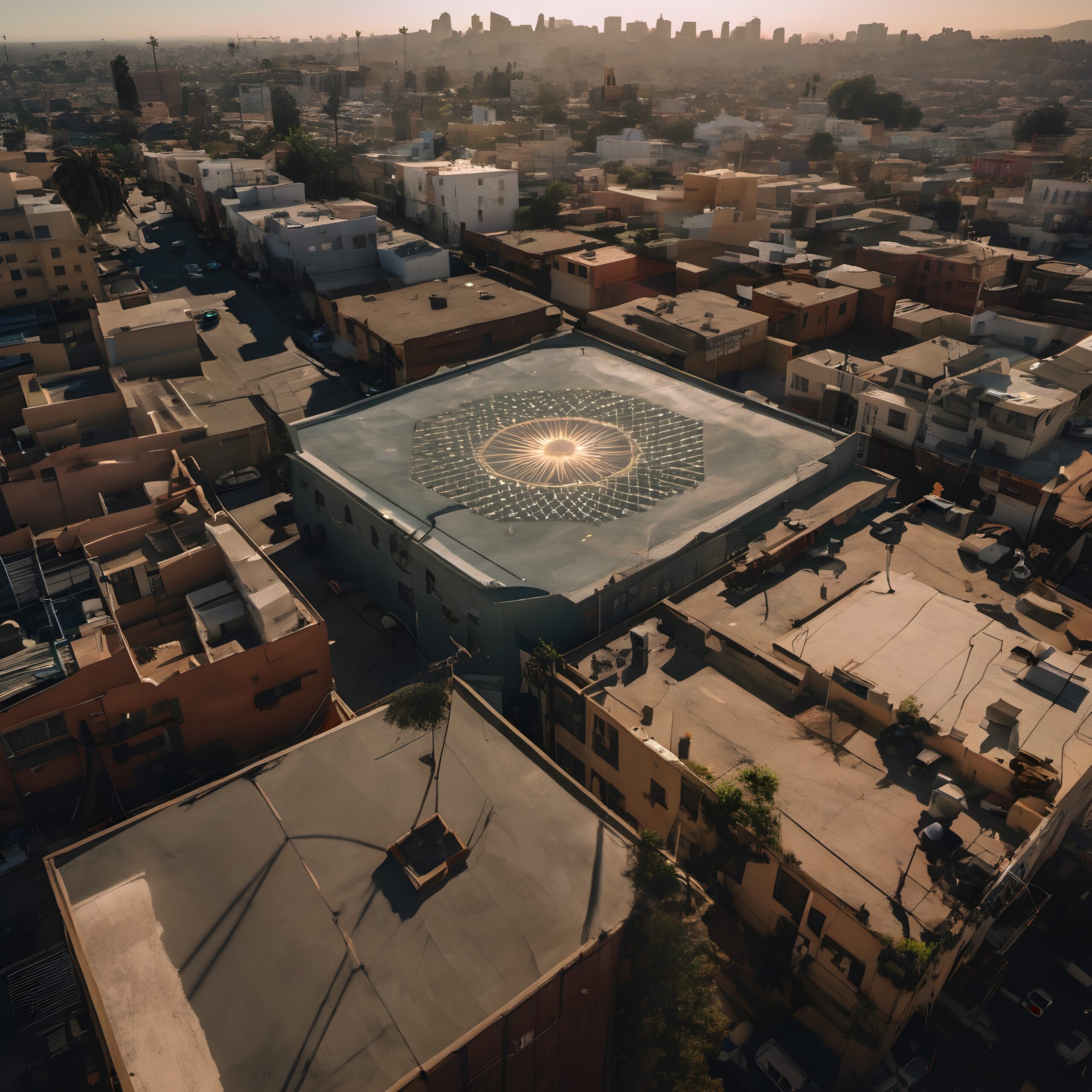 Aerial view of urban rooftop with sun-like mural design in cityscape.