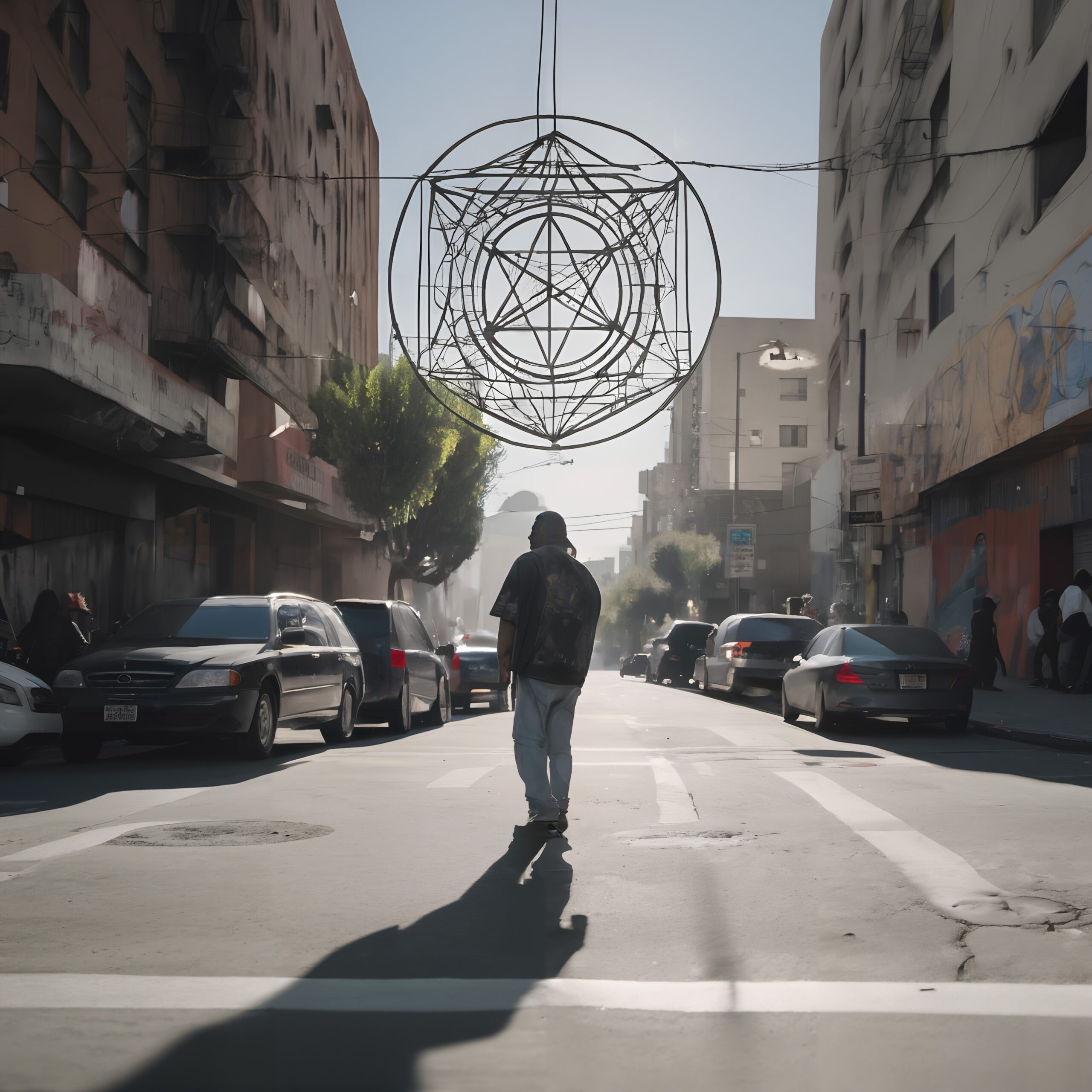 A person walks down a sunlit urban street, beneath hanging wire art.