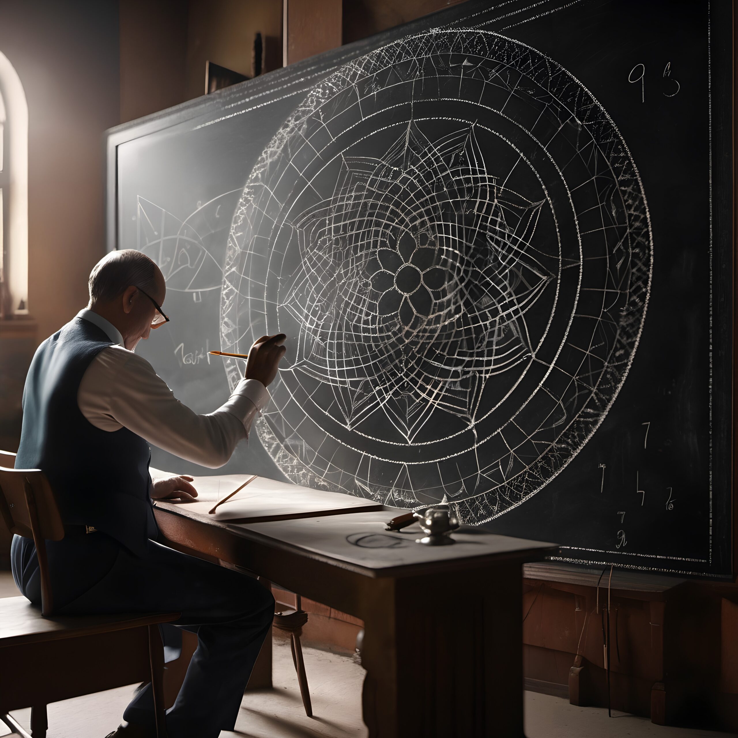 A man drawing geometric mandala patterns on a blackboard.