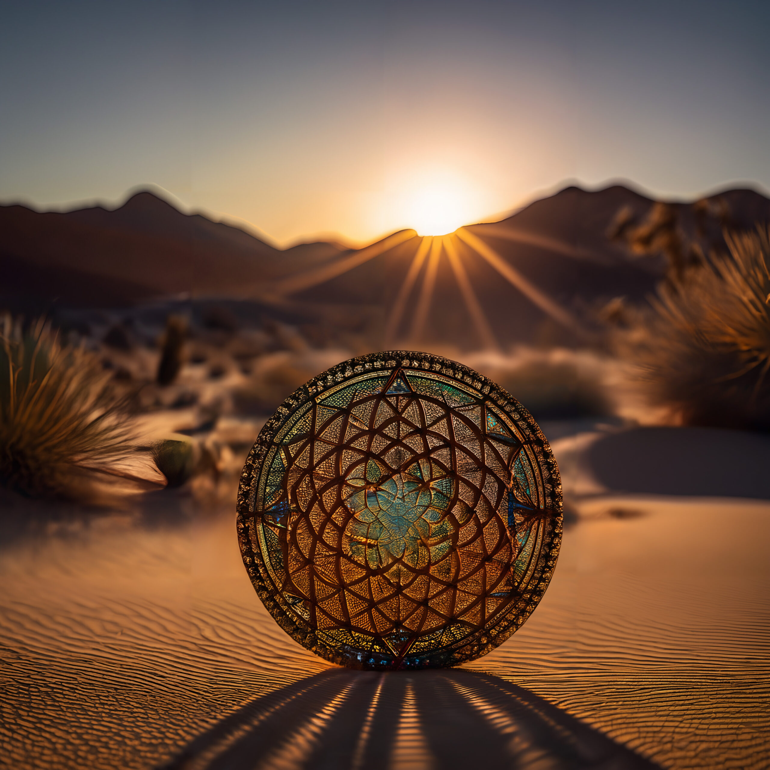 The Flower of Life geometry against a setting sun