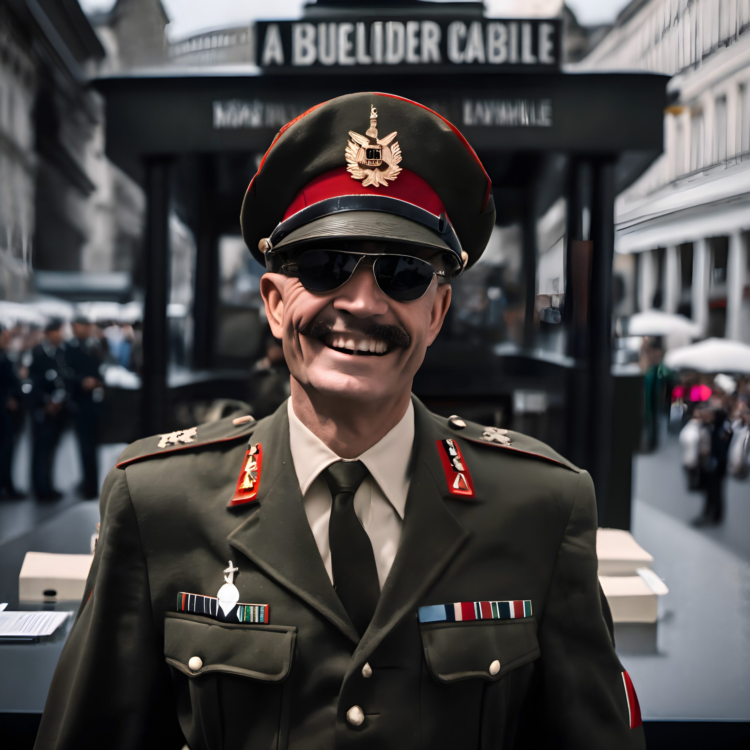 A smiling military officer stands confidently at a public event.