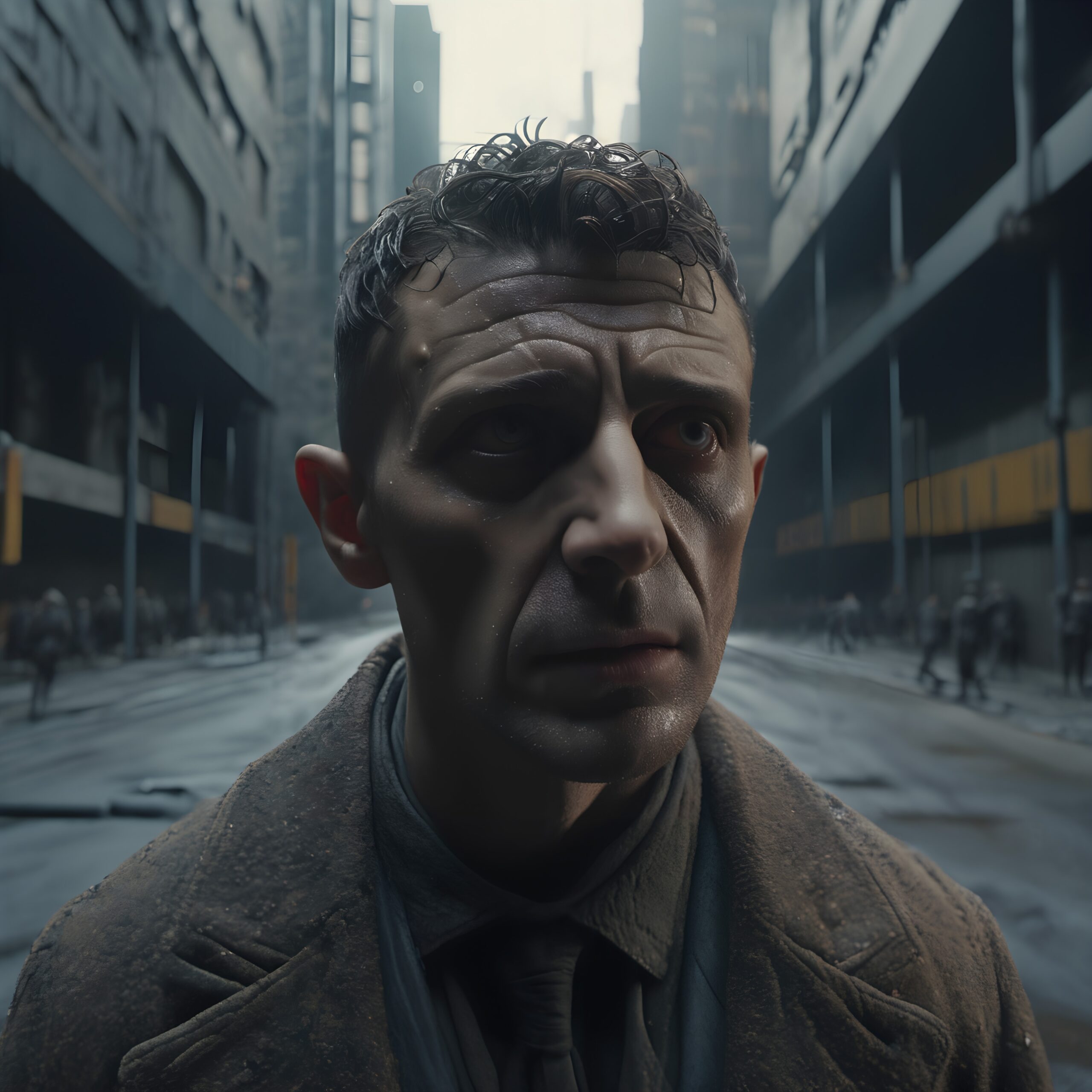 A man stands pensively in a dystopian cityscape, surrounded by towering, dark buildings under an overcast sky.