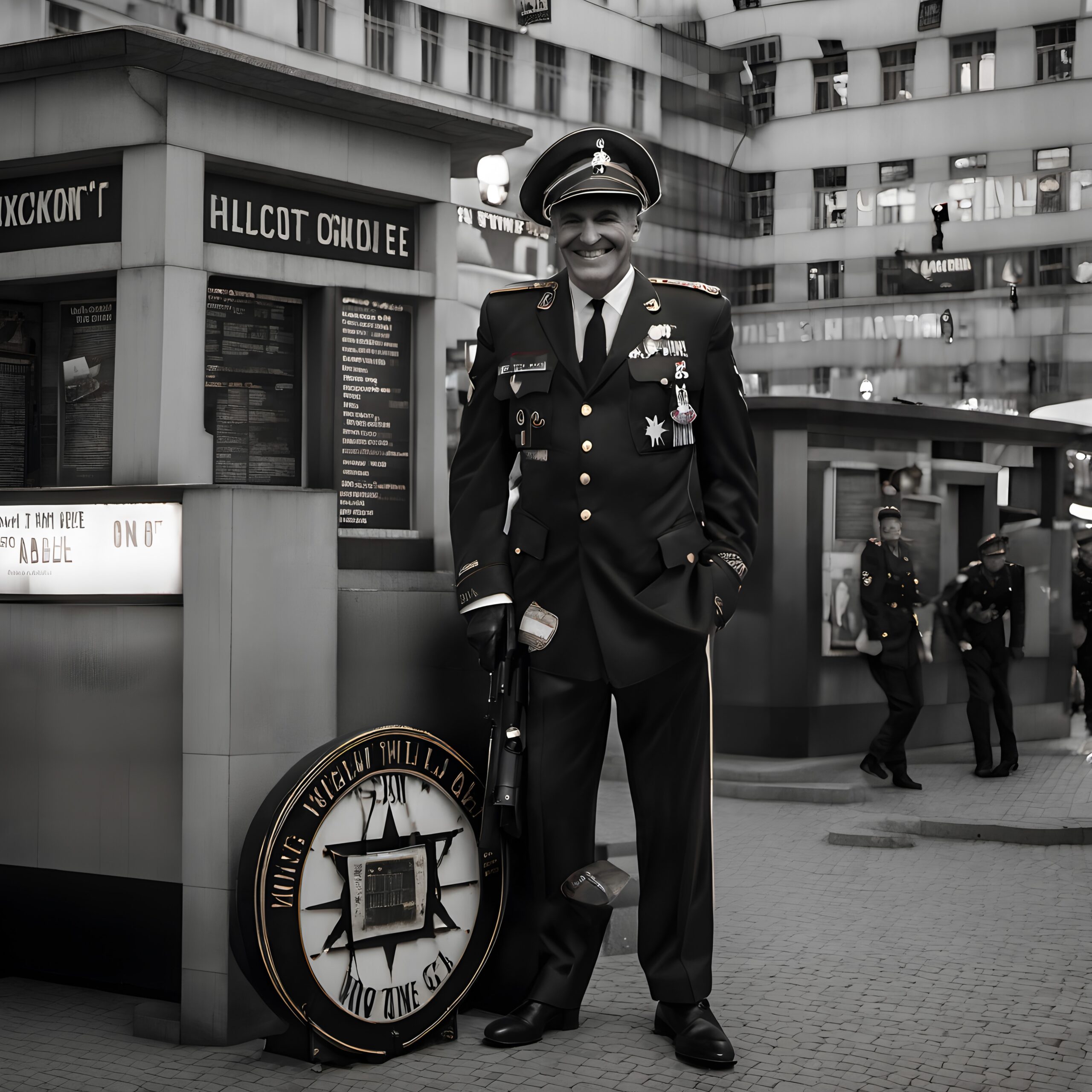 Black-and-white photo of a decorated military officer in a modern urban setting, conveying ceremony and tradition.