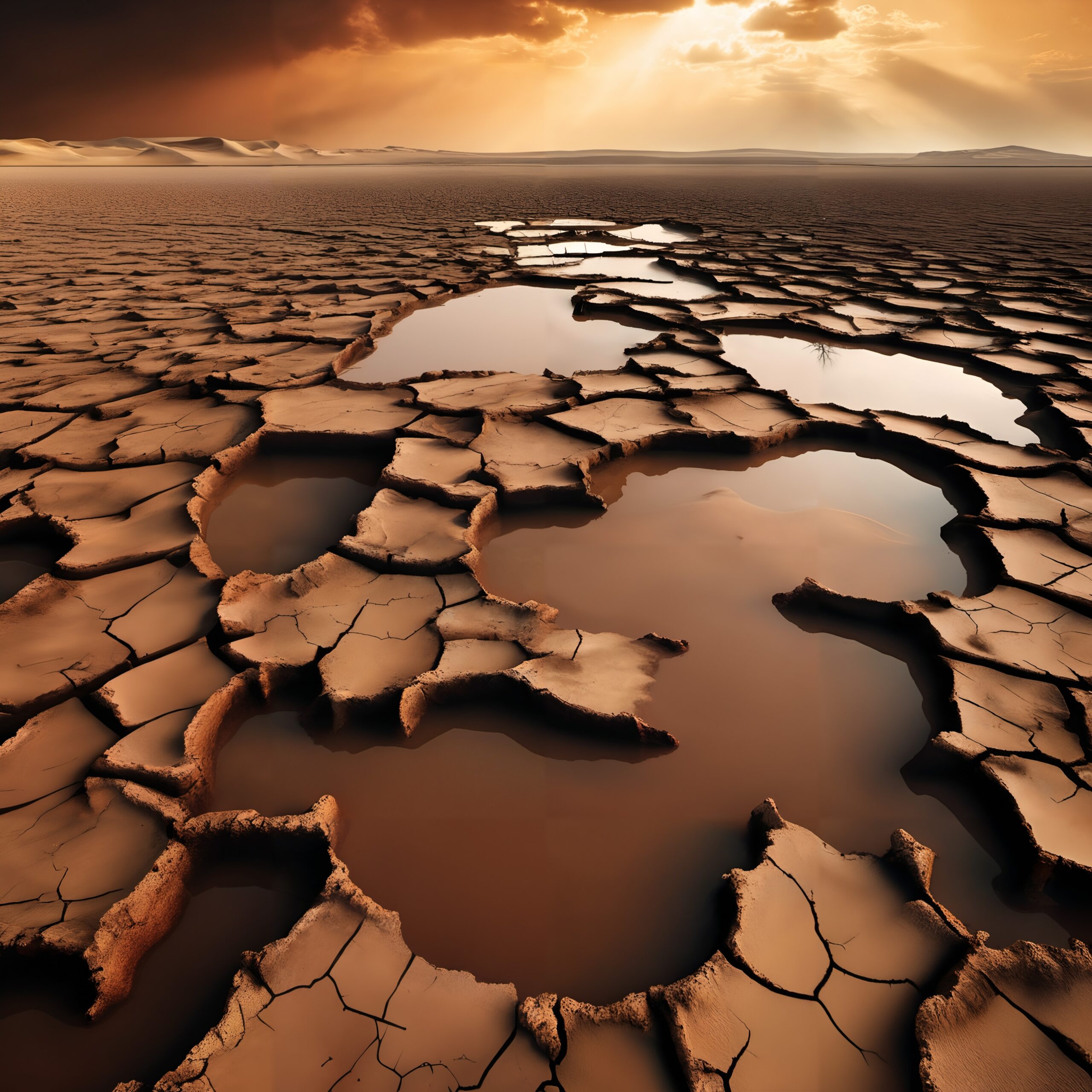 A dramatic desert landscape with cracked earth and water pools under a glowing sky.