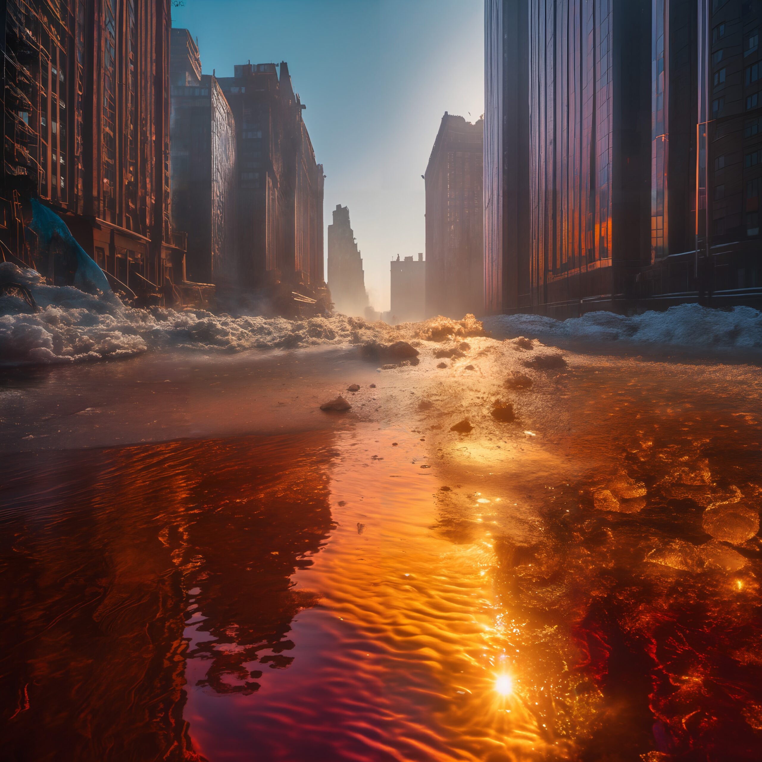 A vibrant city street flooded with golden sunset reflections on water, between towering buildings.