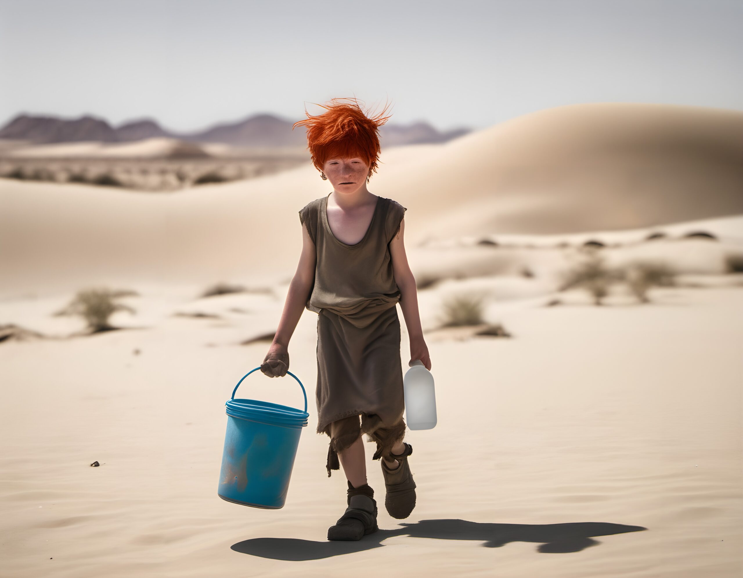 A boy with red hair carries a blue bucket and a white bottle while walking across a desert, surrounded by sand dunes and distant mountains.