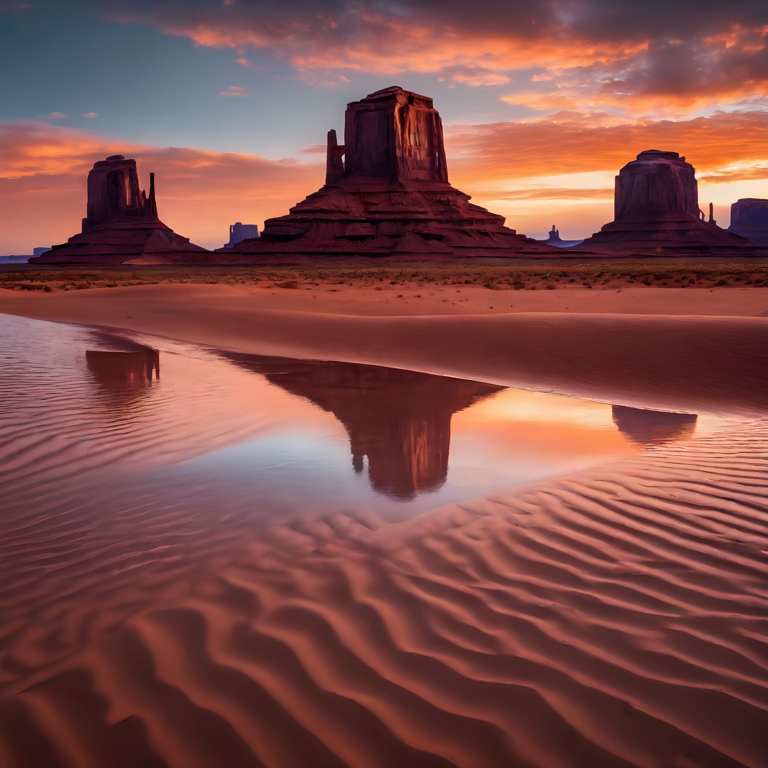 A breathtaking sunset over desert towers reflects in rippled sands.