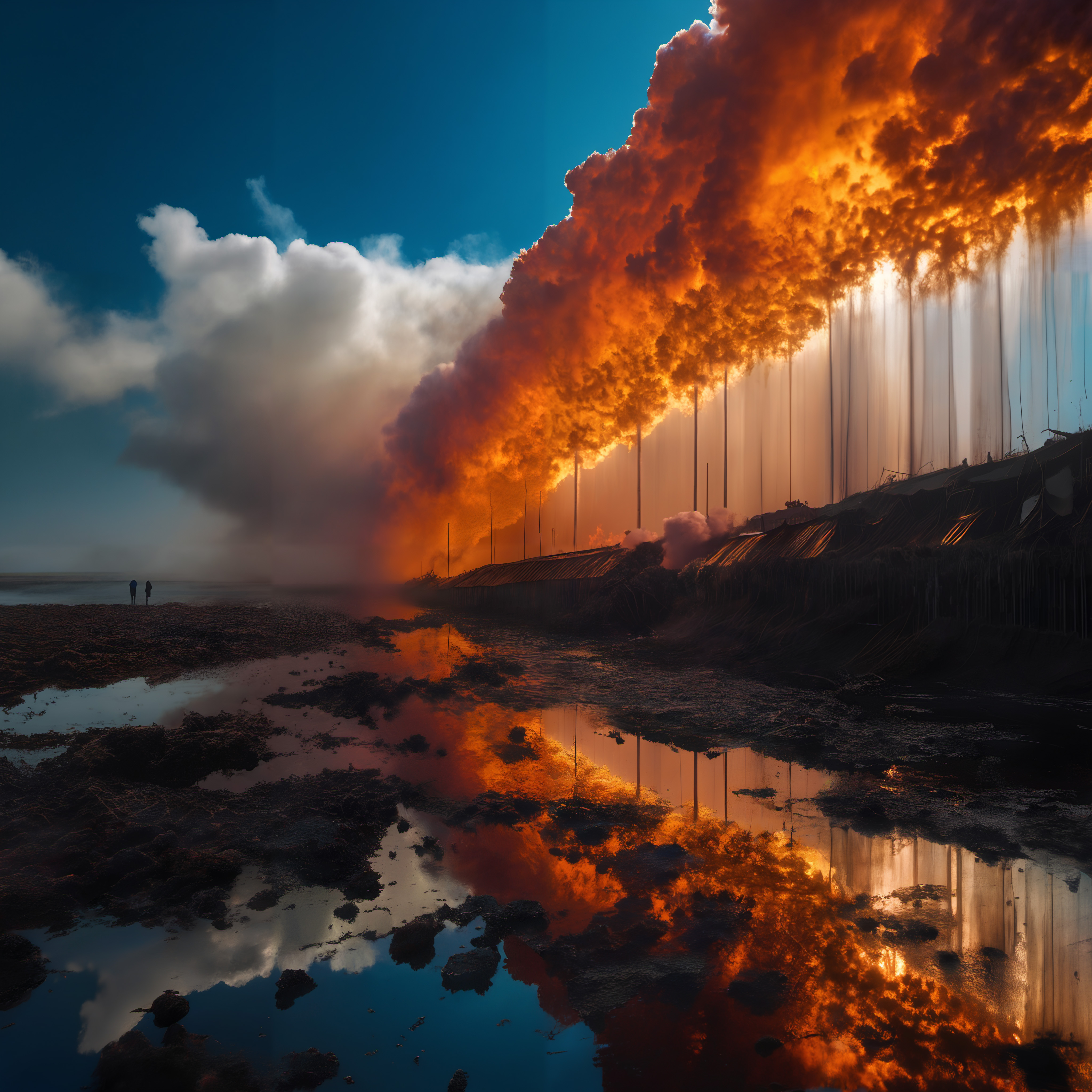 Dramatic orange smoke reflects on water in industrial landscape.