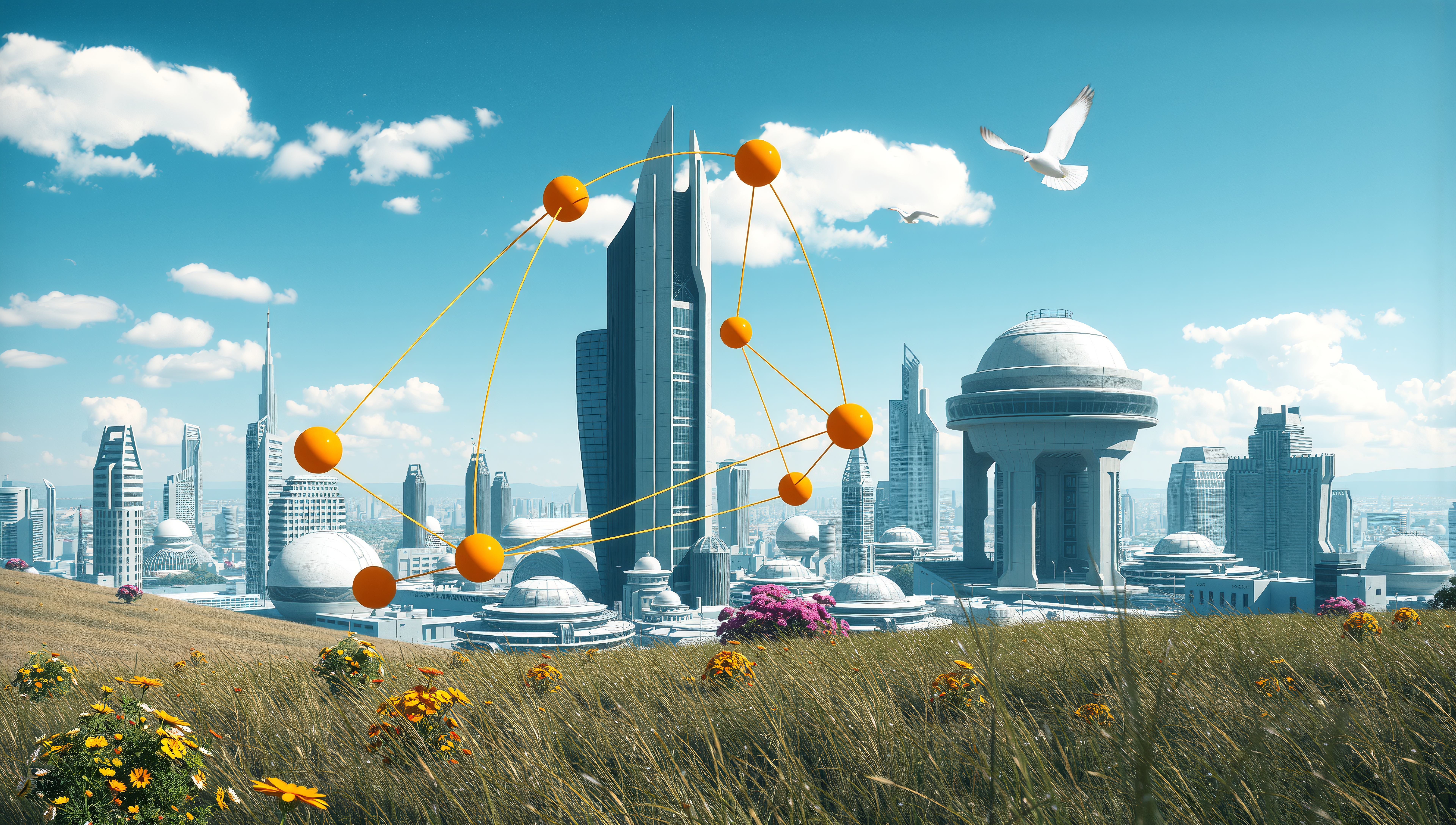 Futuristic City with Floating Orbs