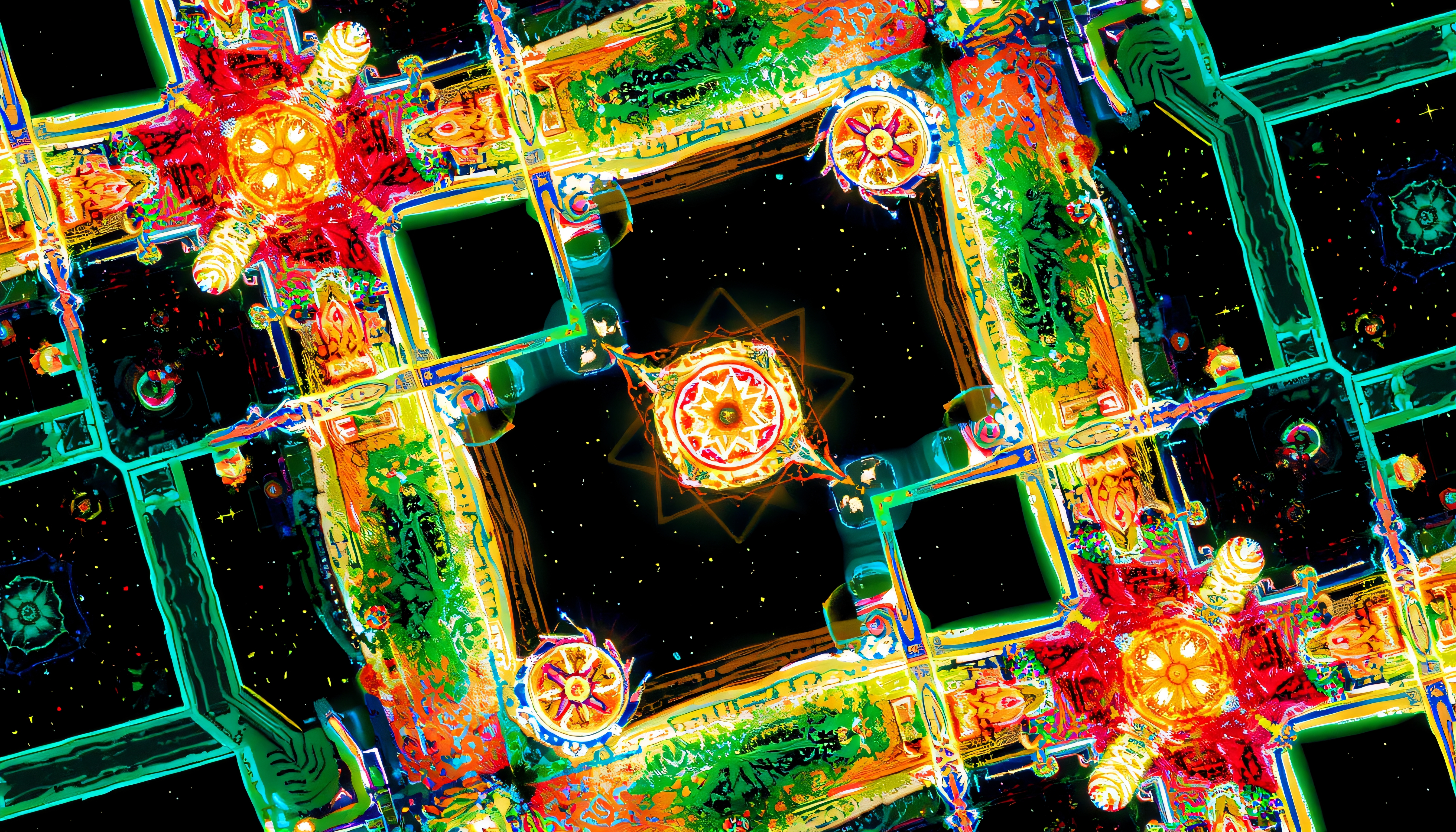 Vibrant kaleidoscope design with intricate geometric patterns.
