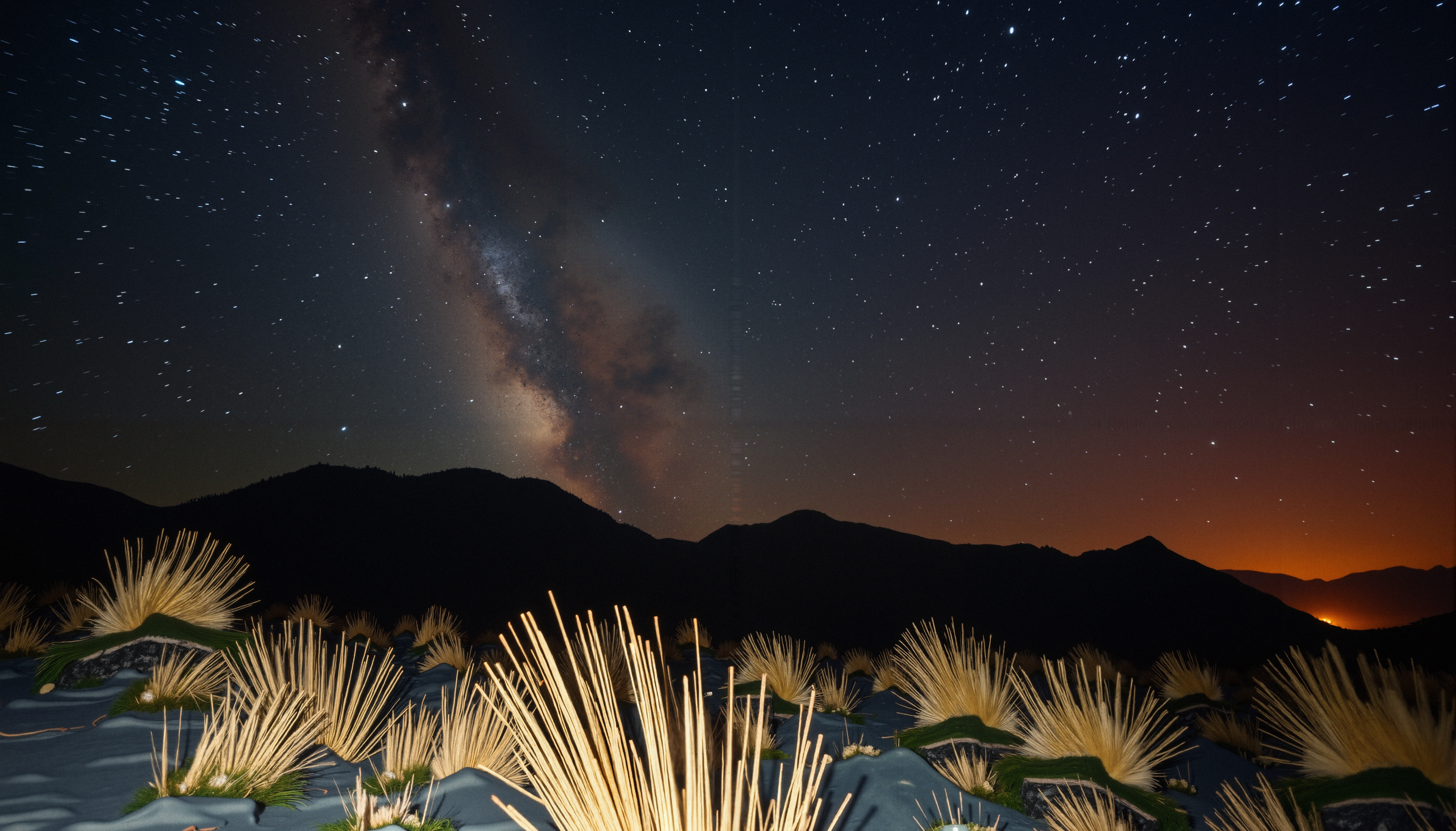 Vibrant starry sky above mountains.