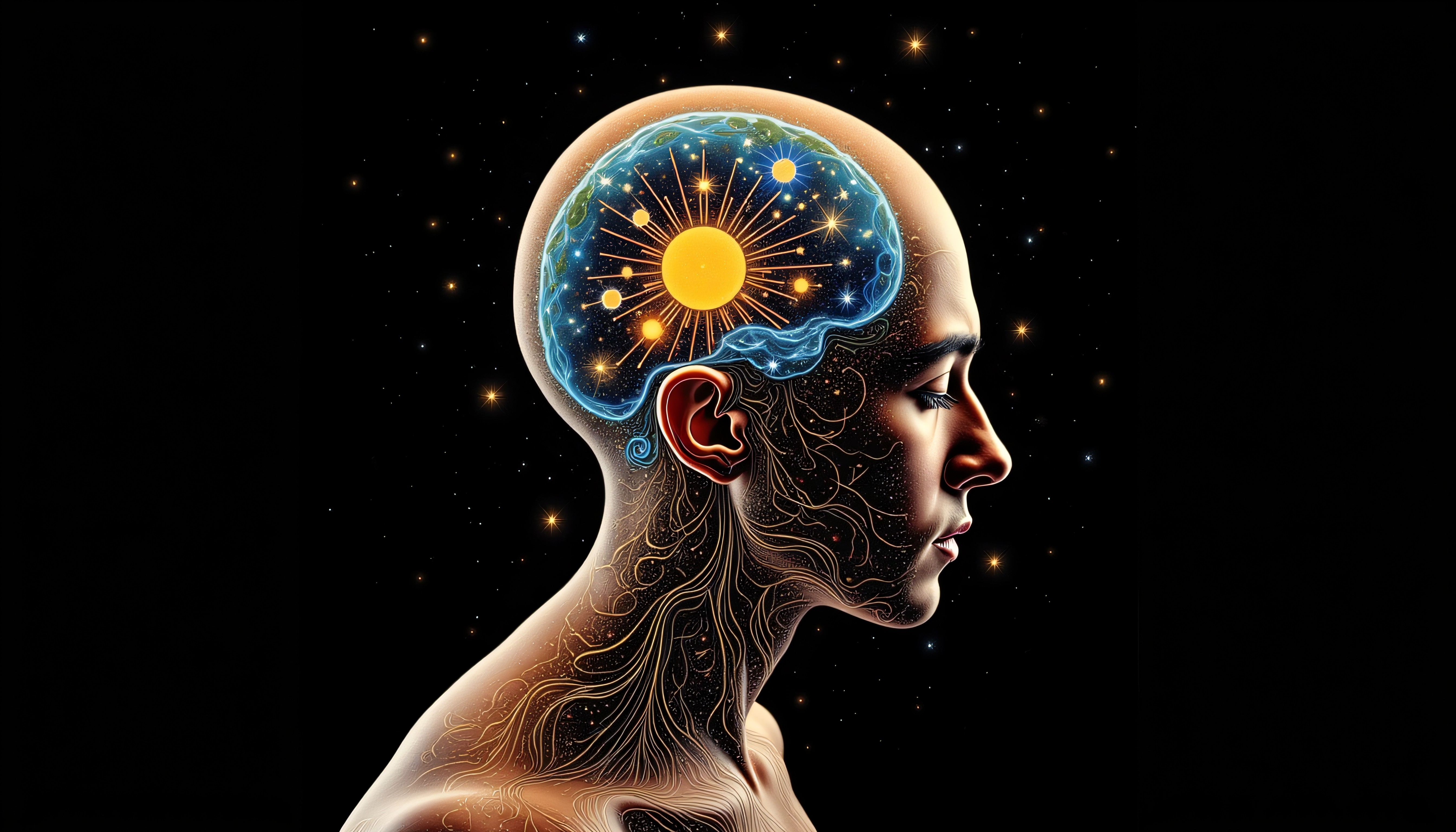 A serene profile view of a person with a cosmic brain, illustrating interconnectedness and introspection.