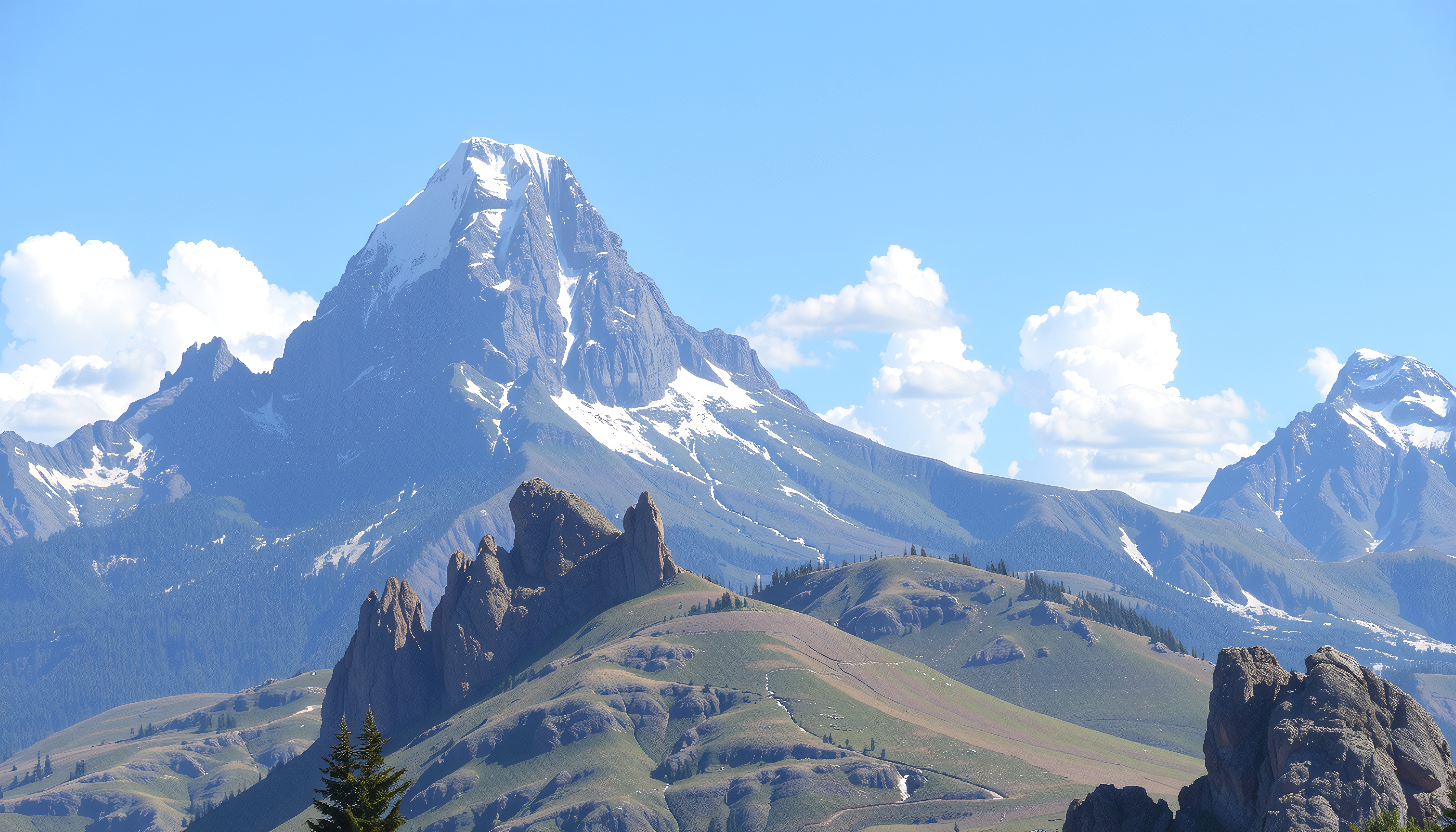Snow-capped mountain peaks under blue sky with clouds.