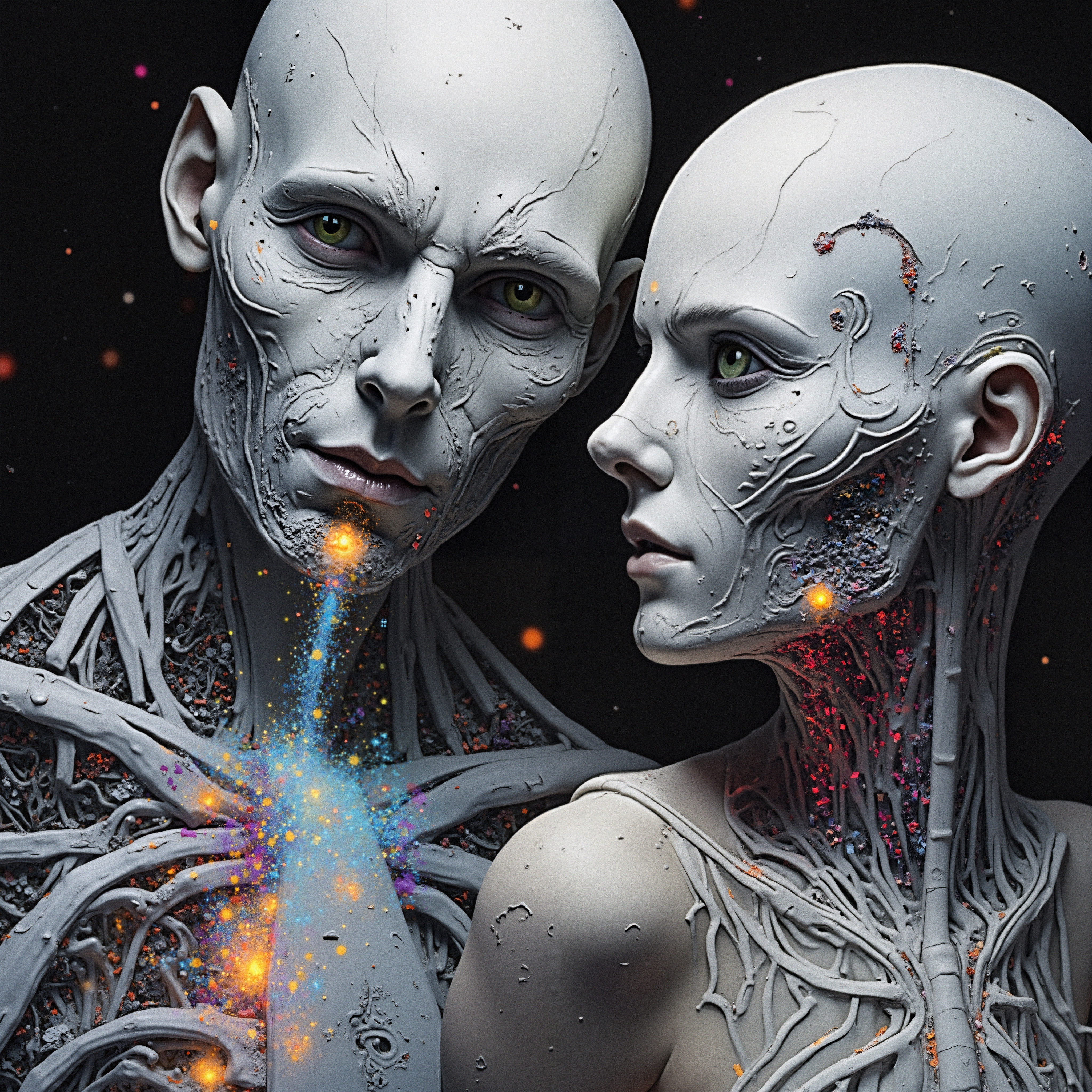 Futuristic Humanoid Figures Exchange Energy
