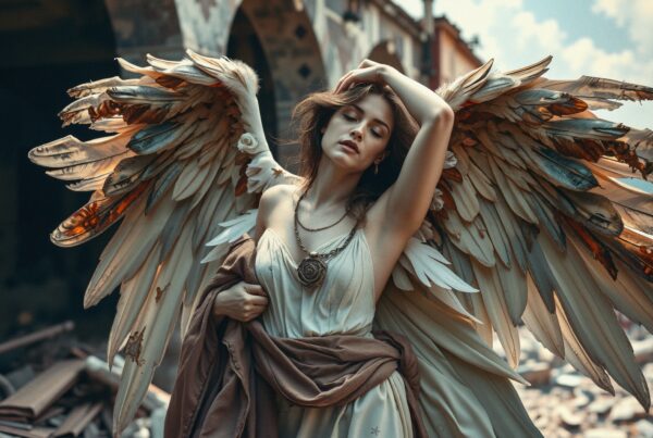 A serene angelic figure with ornate wings stands peacefully in rustic ruins, embodying grace and tranquility amid decay.