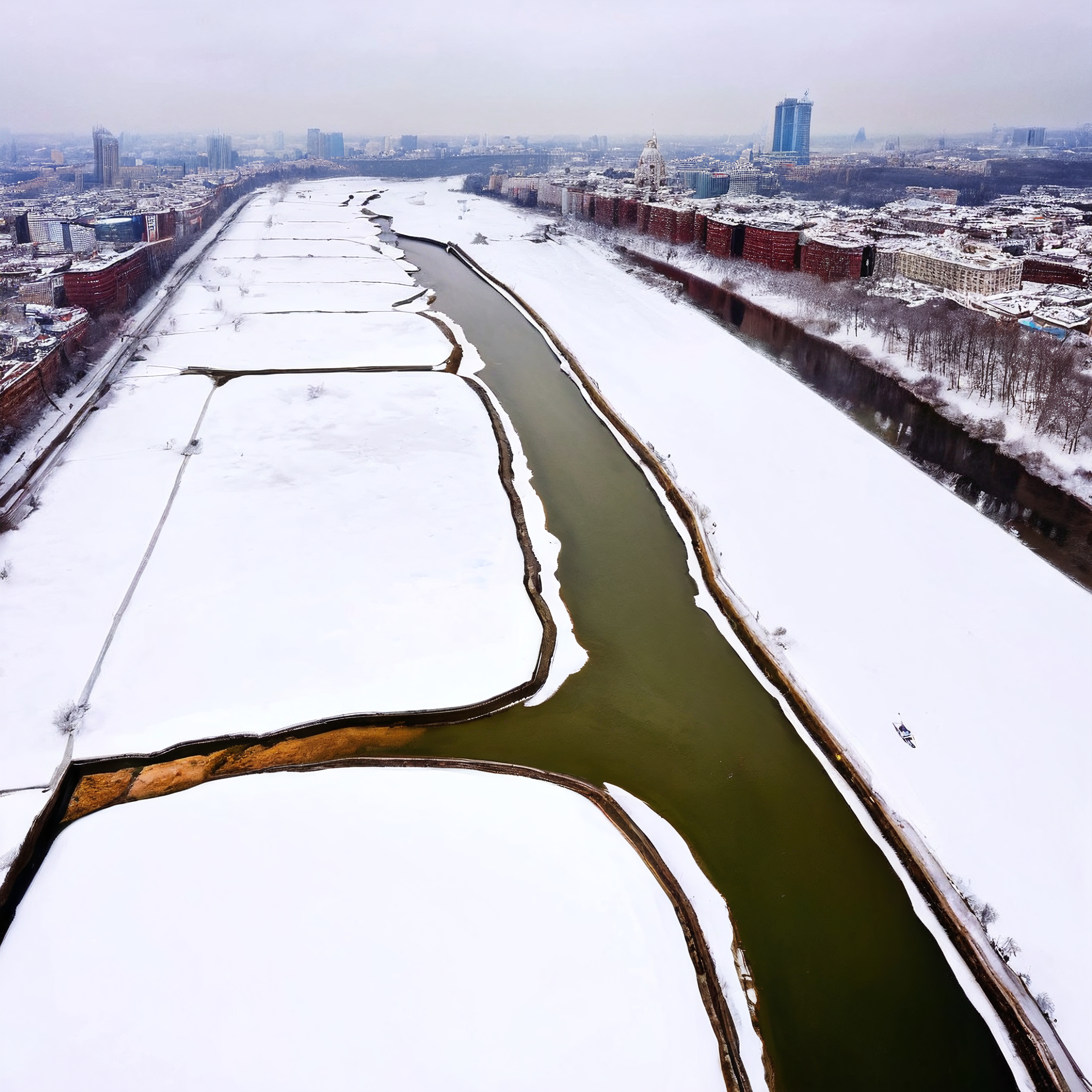 Snow-Covered City River View