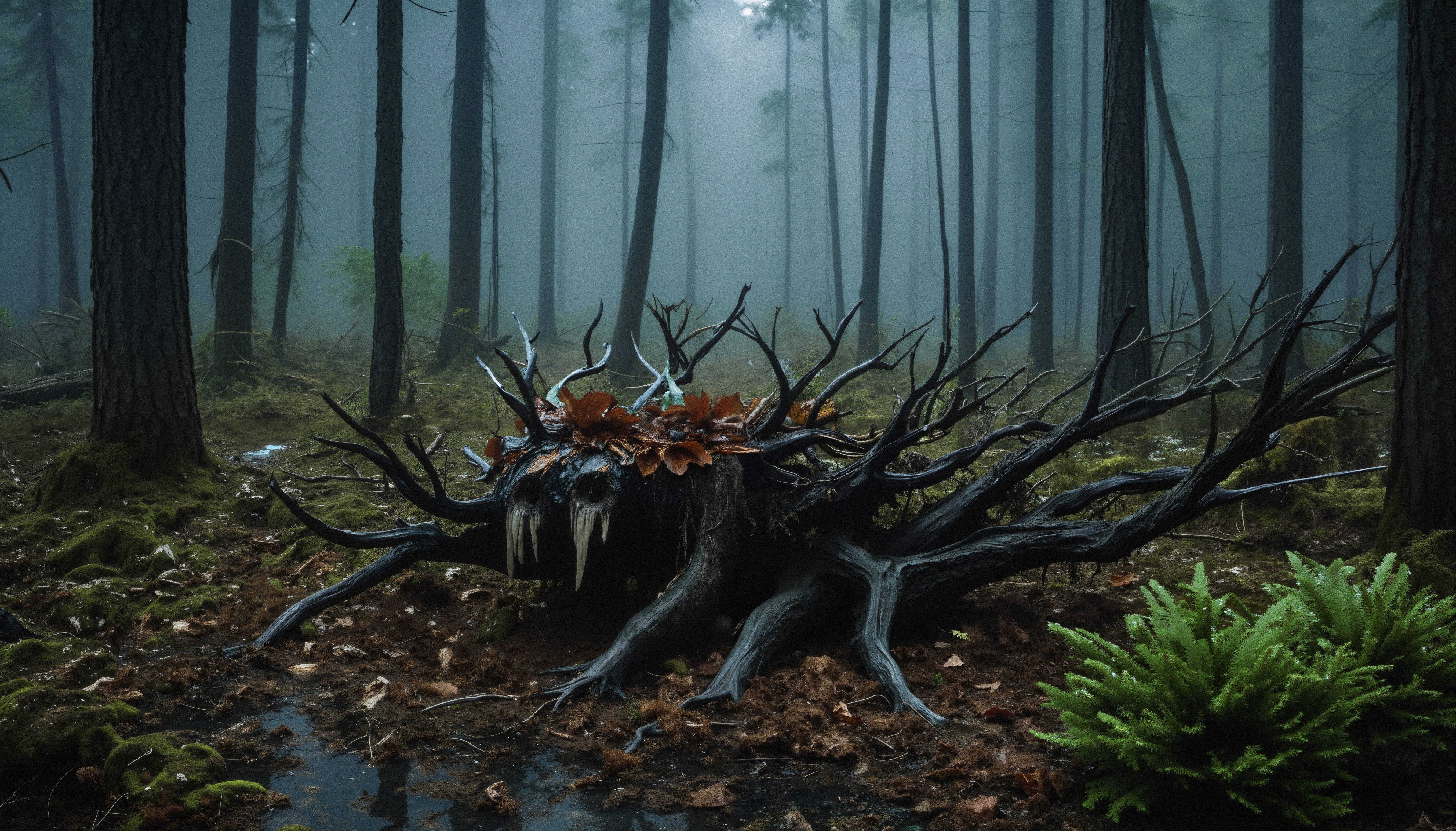 A mystical creature camouflaged within a foggy forest environment.