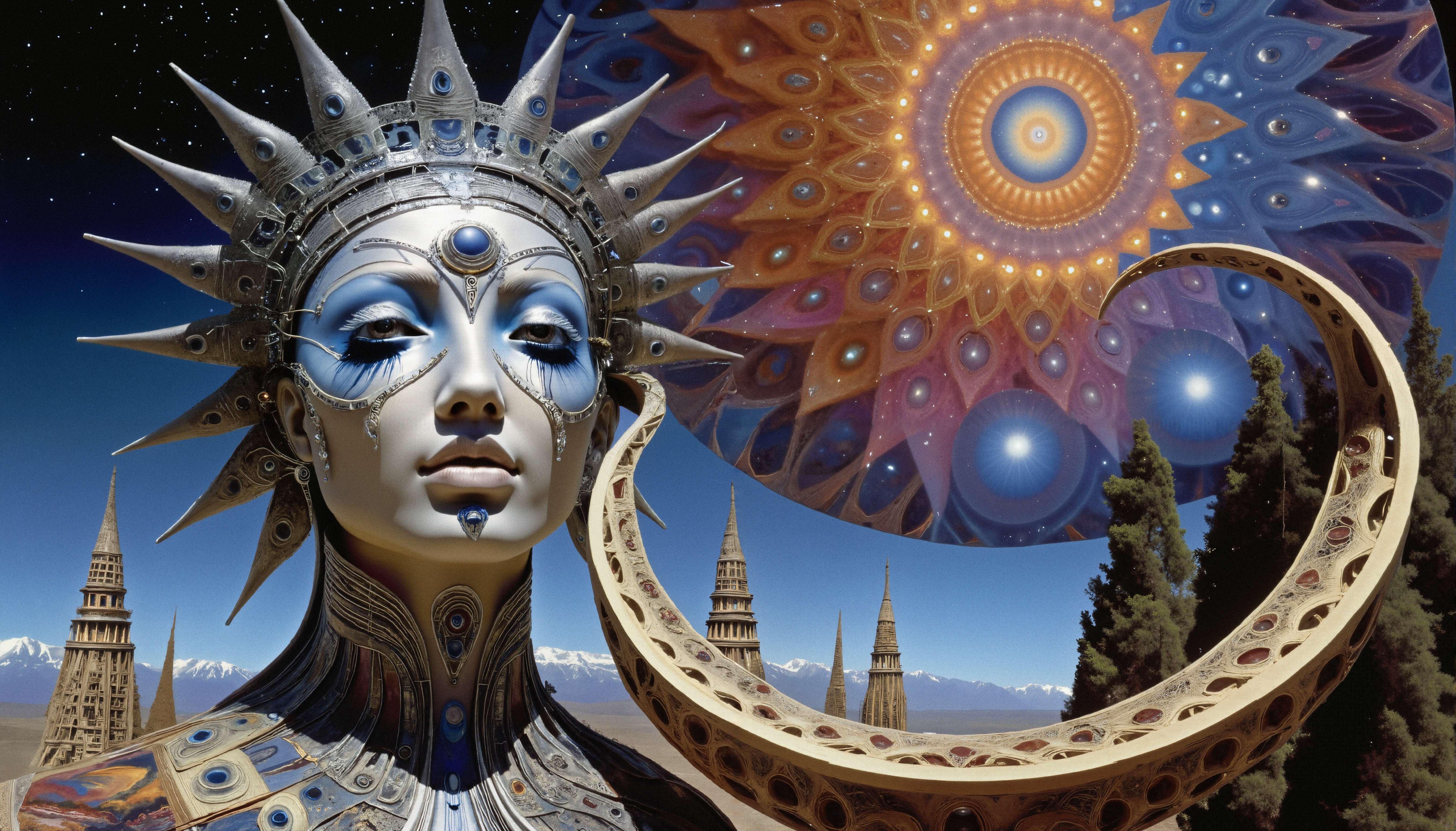 A surreal image of a celestial figure with ornate headdress and cosmic background.