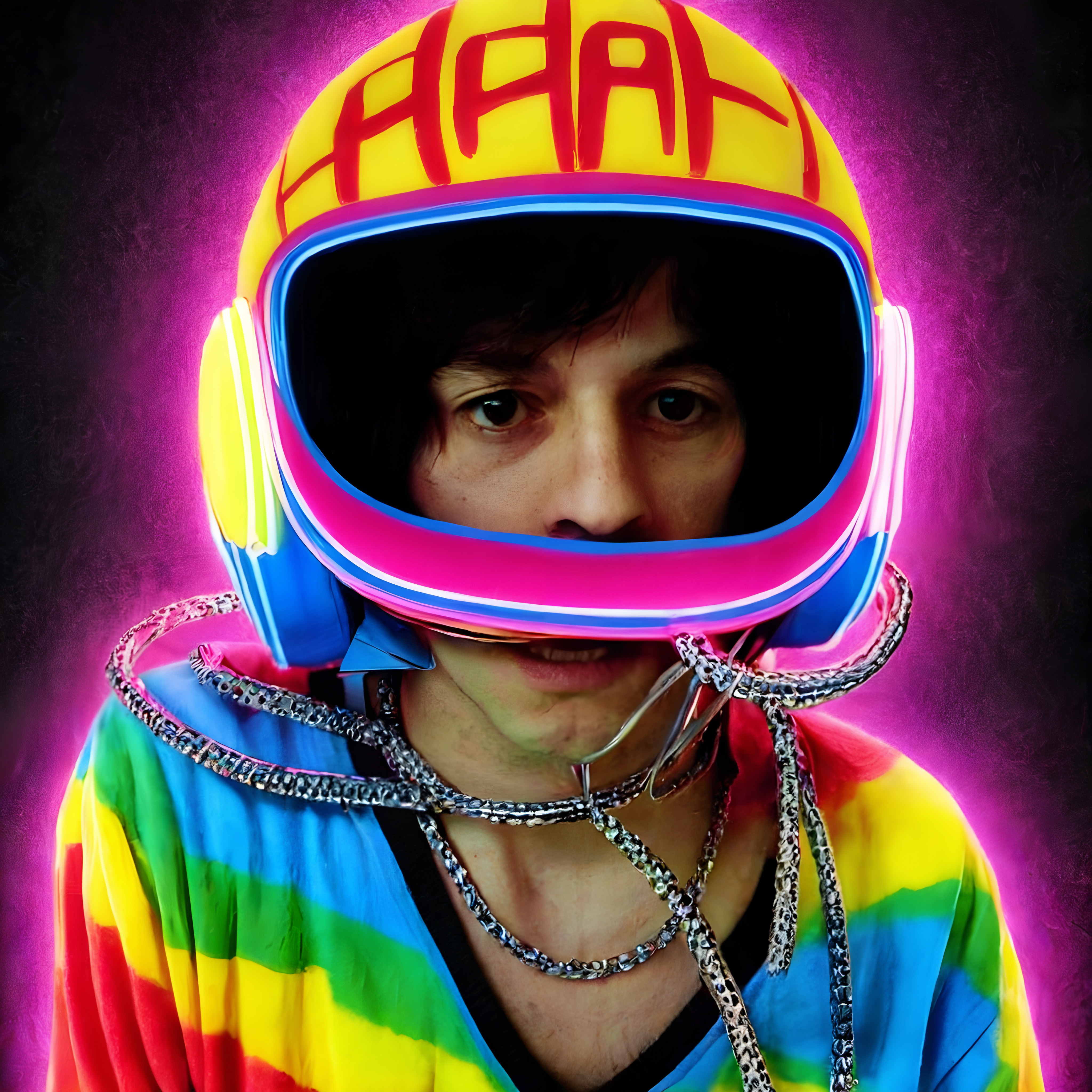 Neon Helmet and Rainbow Fashion.