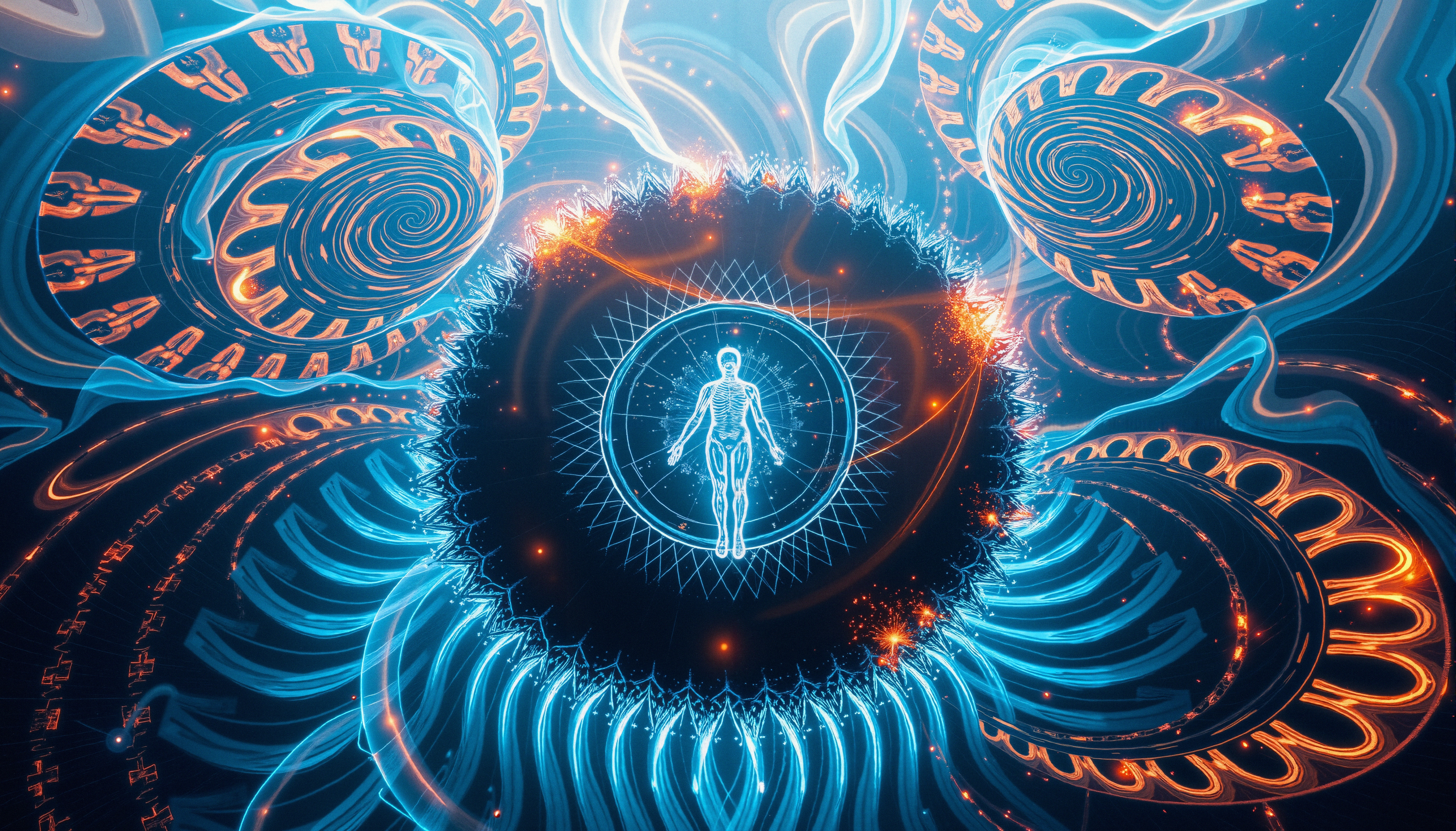 A striking digital artwork that combines mystical and technological elements in a mandala-like composition.