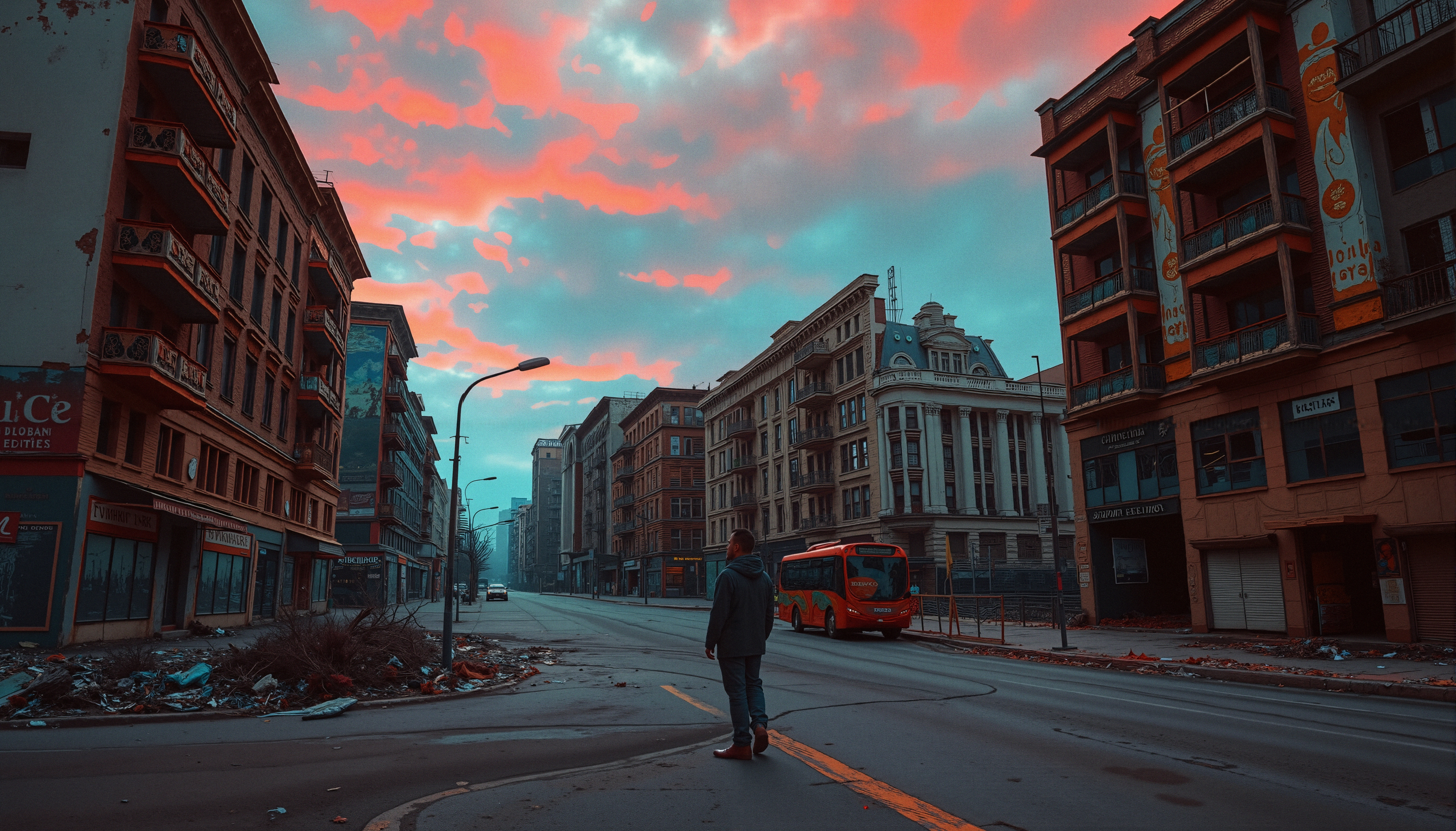 A lone person stands on an empty city street at dusk, surrounded by historic and modern buildings under a colorful sky.