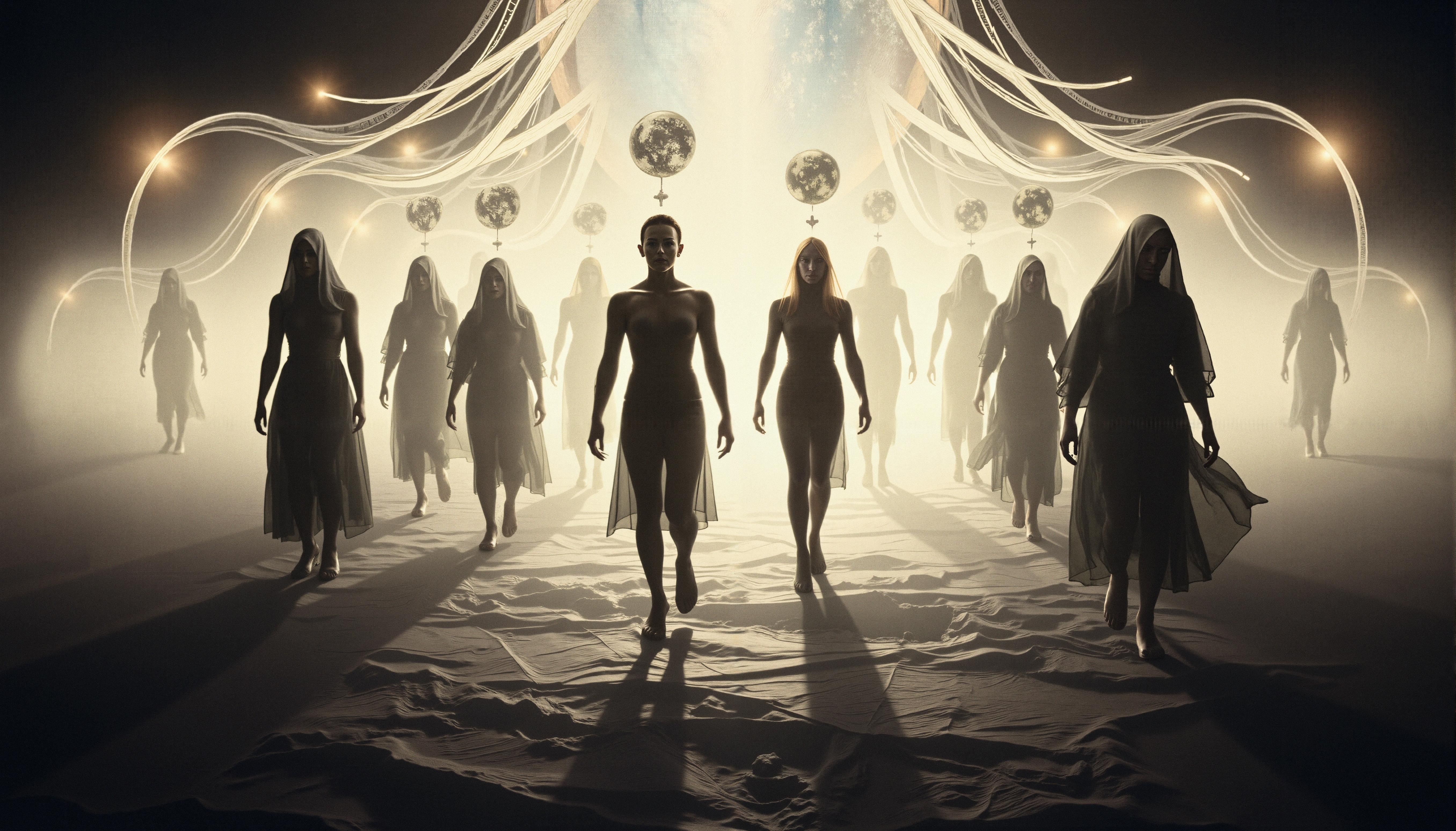 A group of figures in robes and glowing orbs create a mystical ambiance.
