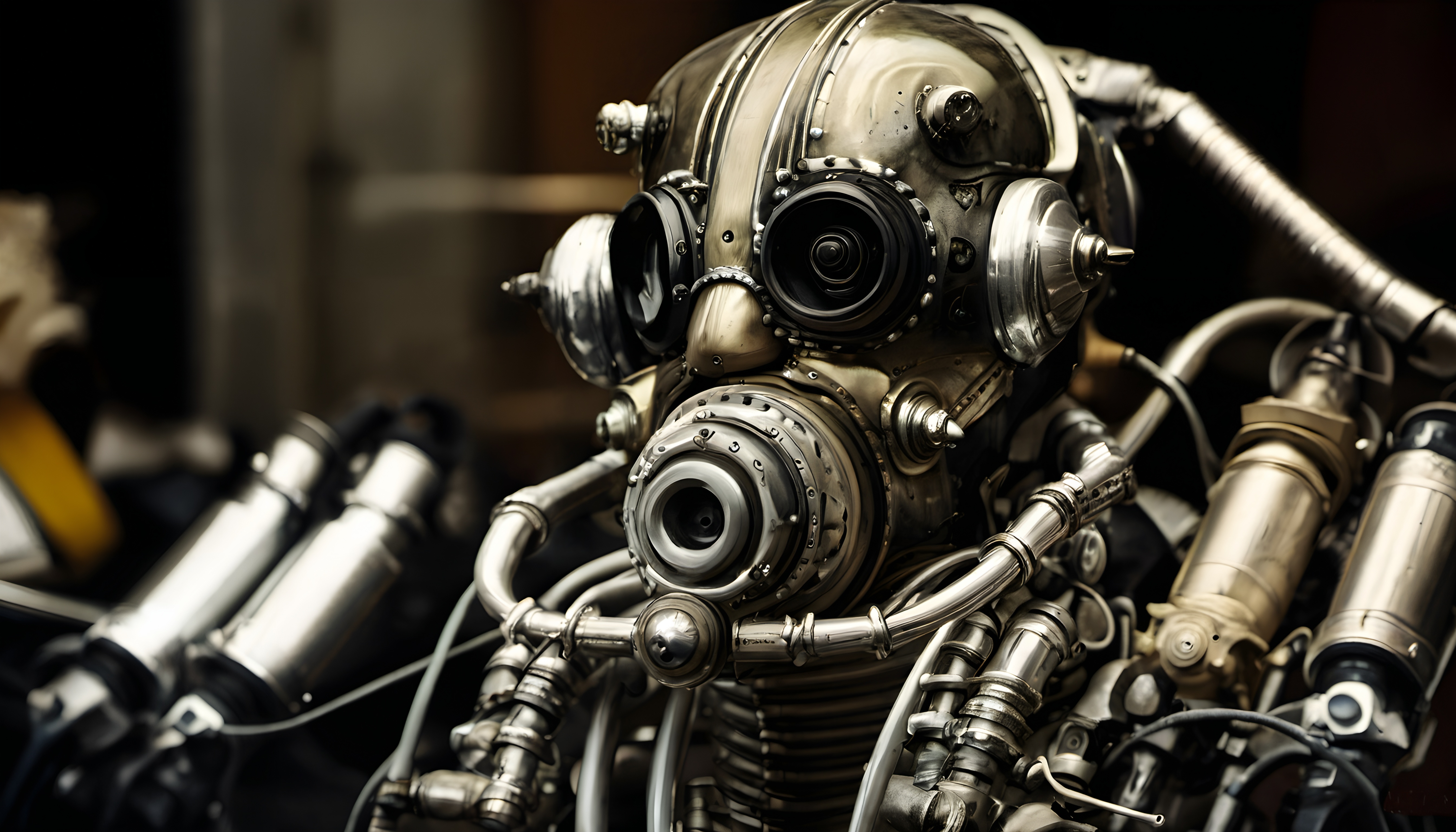 Steampunk-inspired robot head with intricate metallic details and complex design elements.