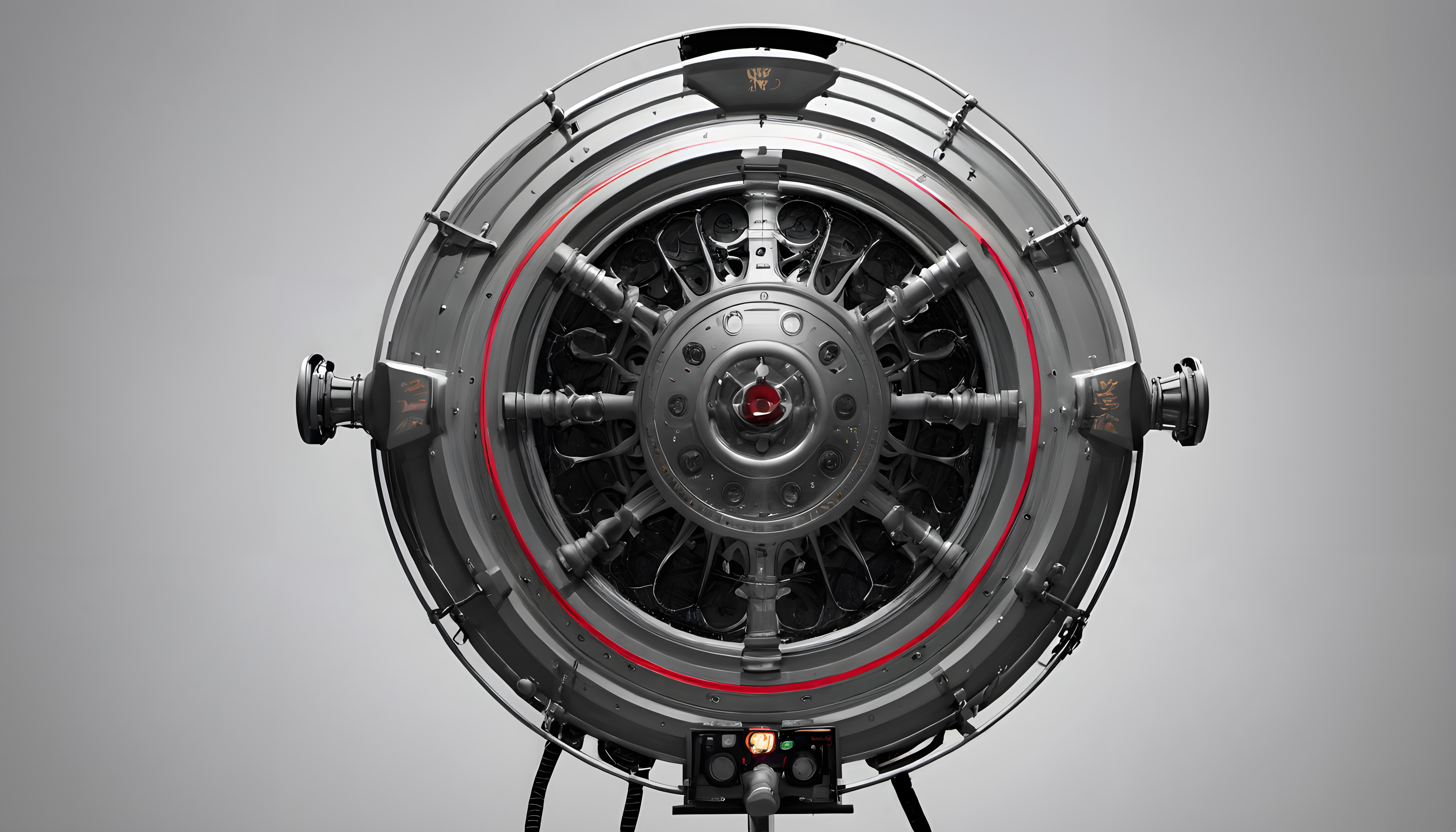 A highly detailed, futuristic mechanical device with a circular design and intricate components on a minimalistic background.
