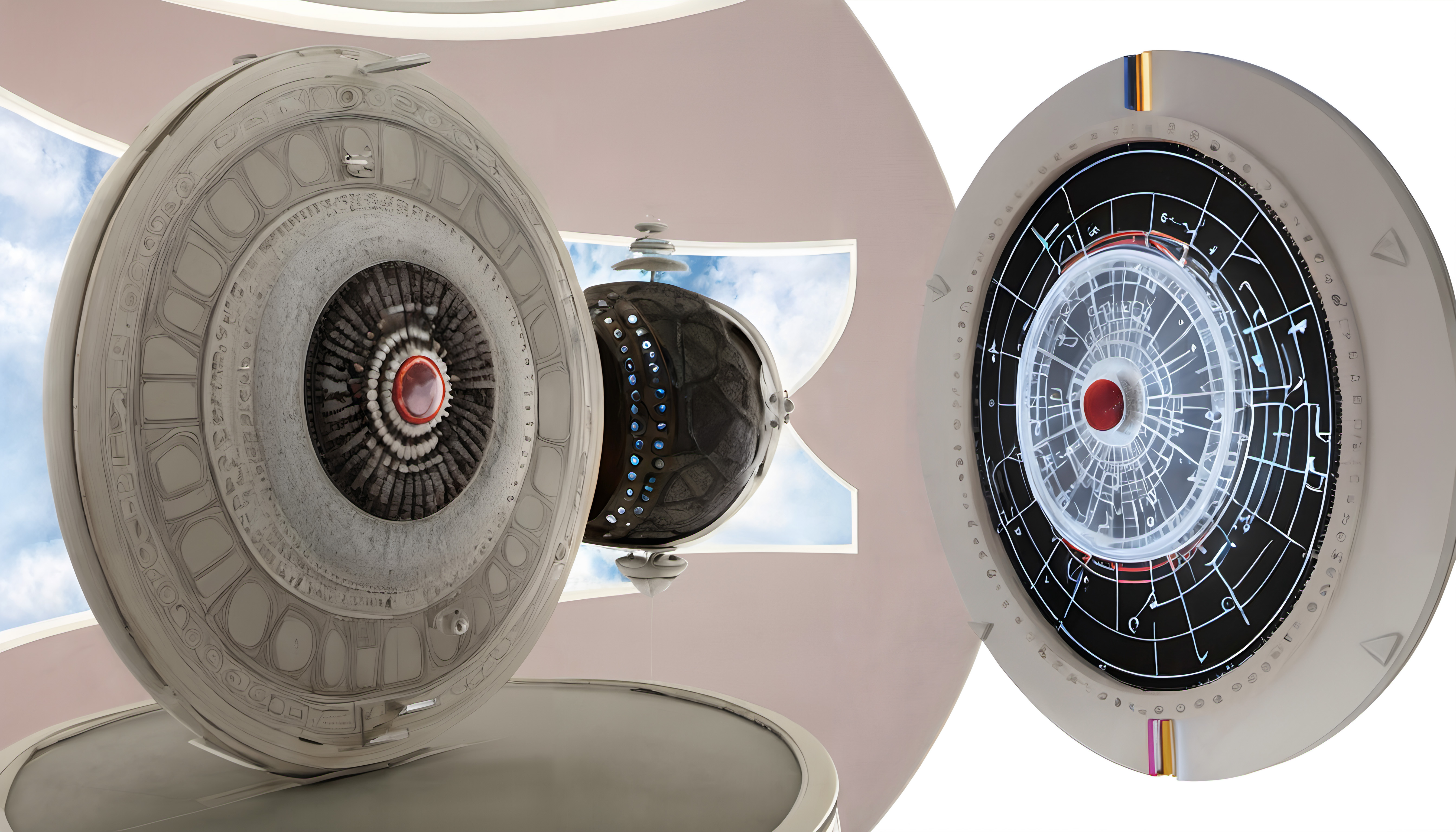 A futuristic circular structure with a red core and advanced geometric interface against a sky backdrop.