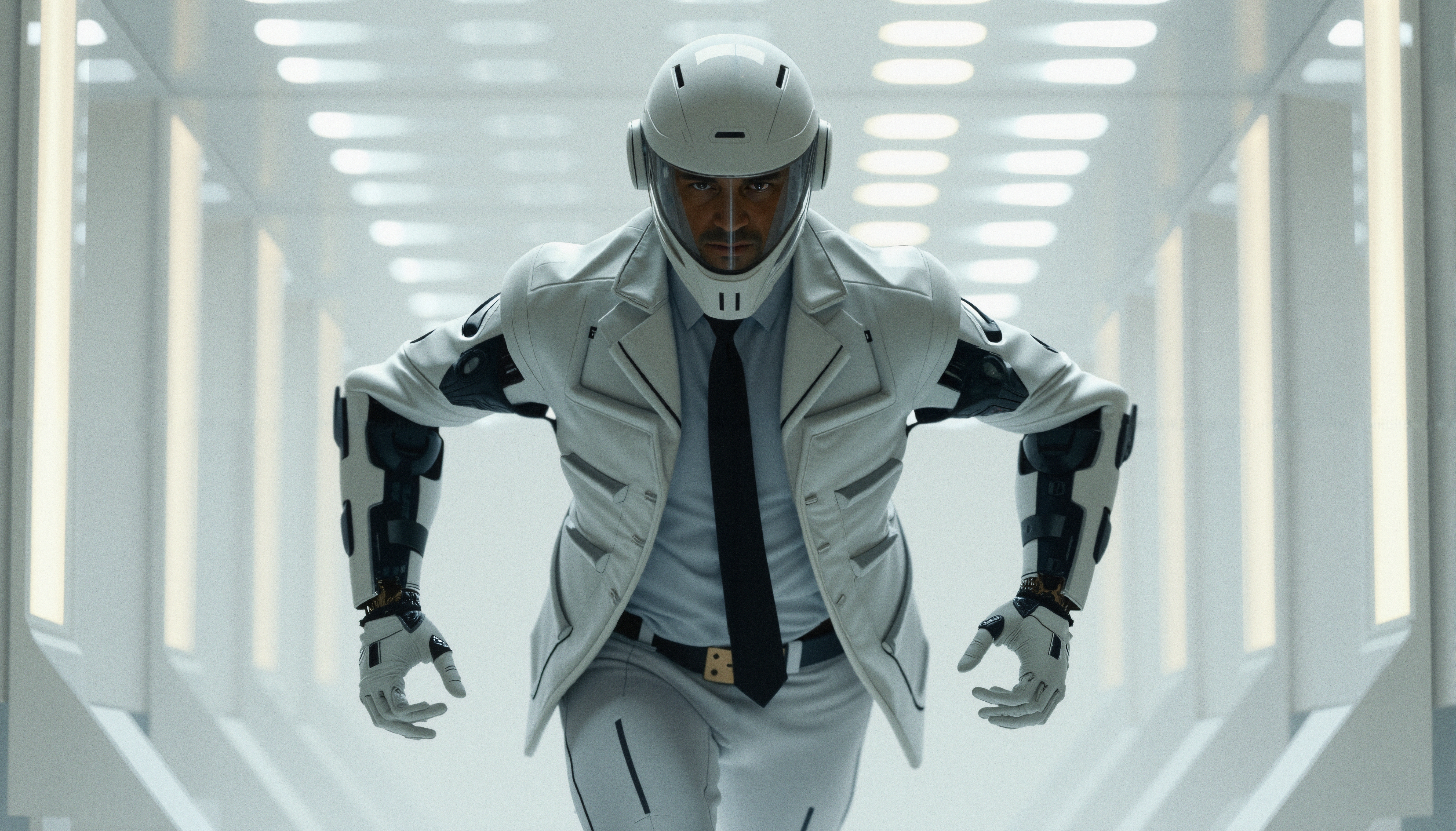 A futuristic figure in a high-tech suit stands in a modern, illuminated corridor, embodying sci-fi themes and advanced technology.