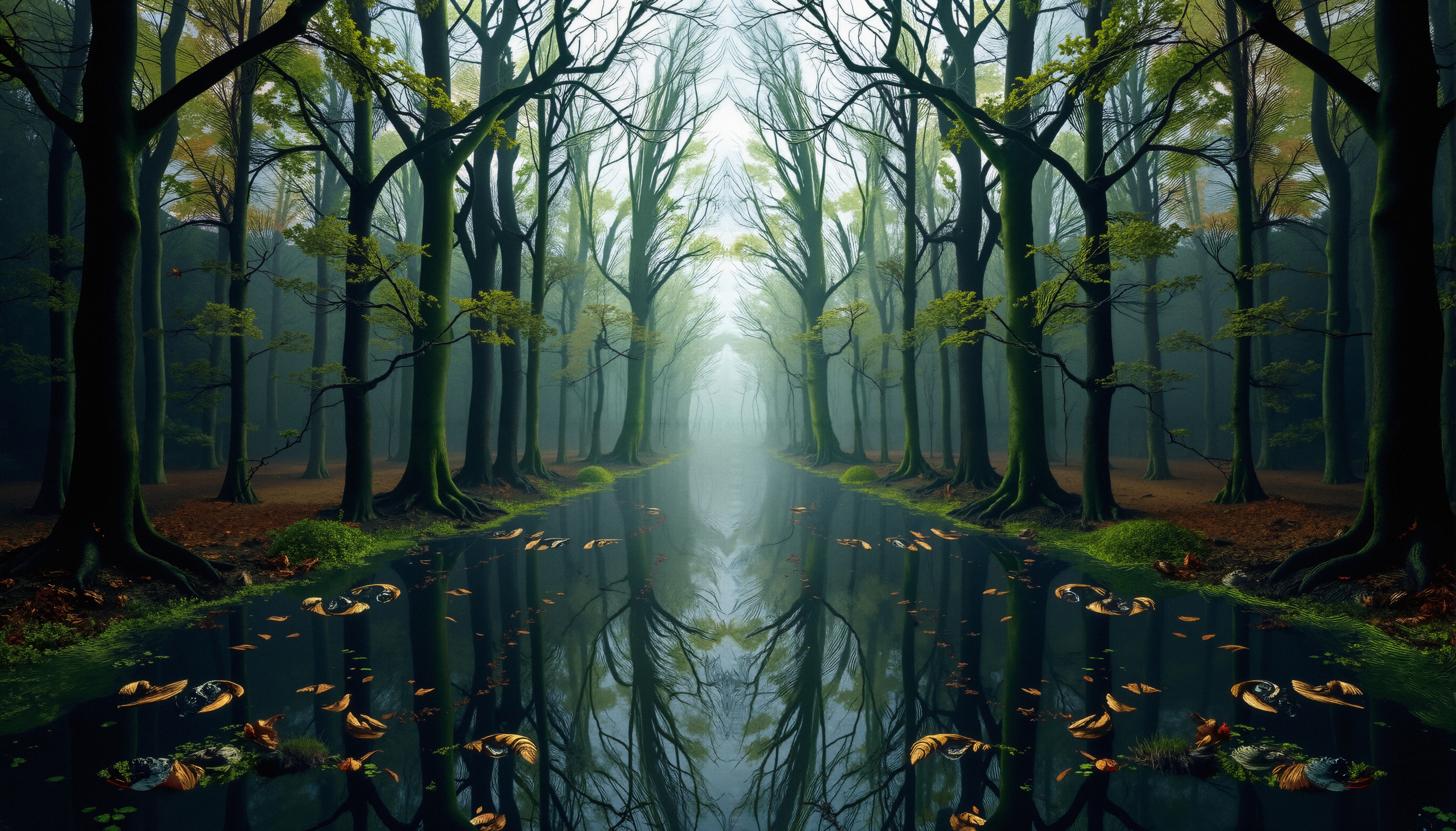 Misty forest with serene water reflections and sunlit canopy.