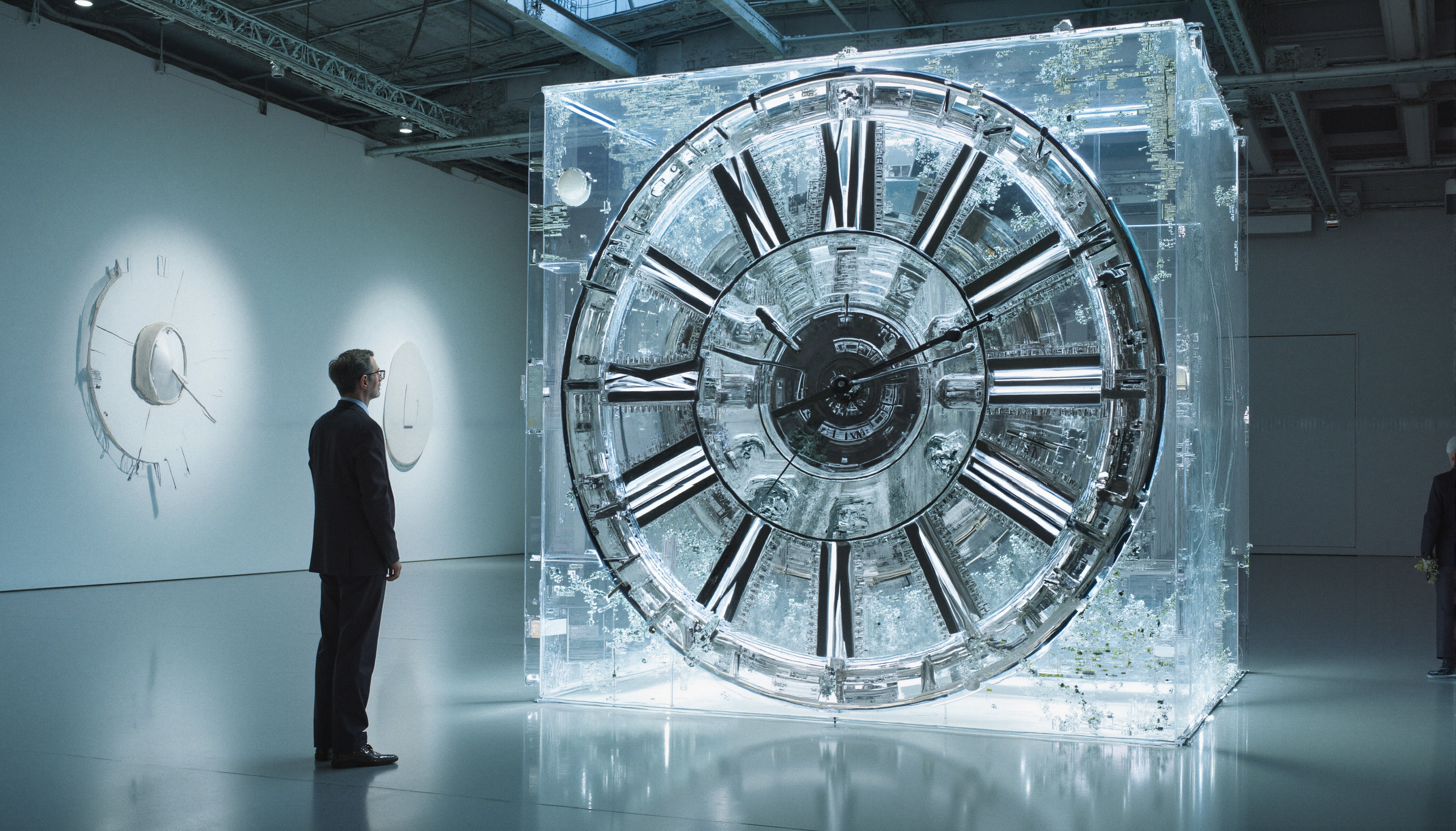 A man observes a massive, transparent clock installation showcasing intricate engineering and modern art in an industrial exhibition space.