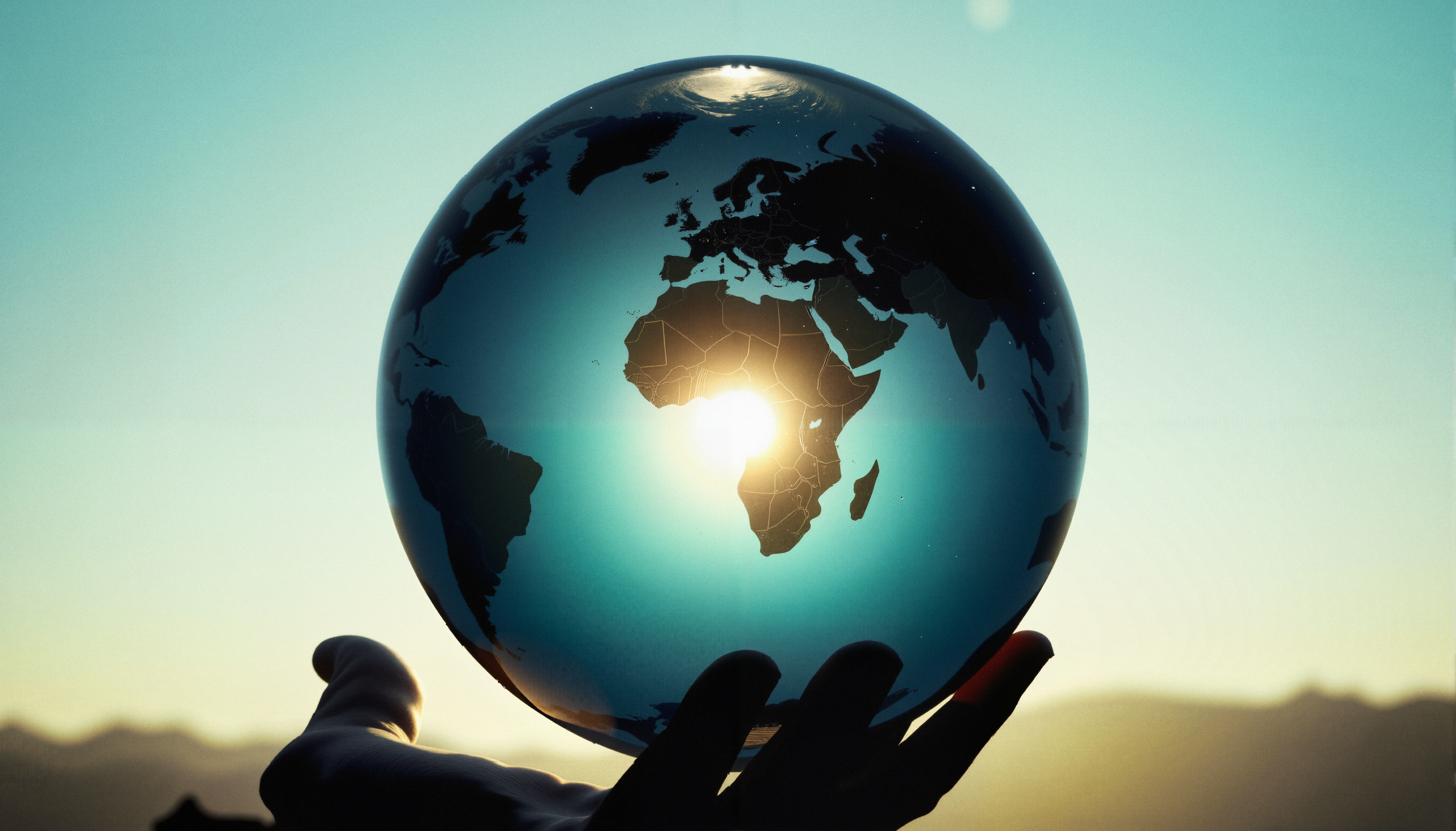 Silhouetted hand lifts globe at sunrise, symbolizing hope and interconnectedness.