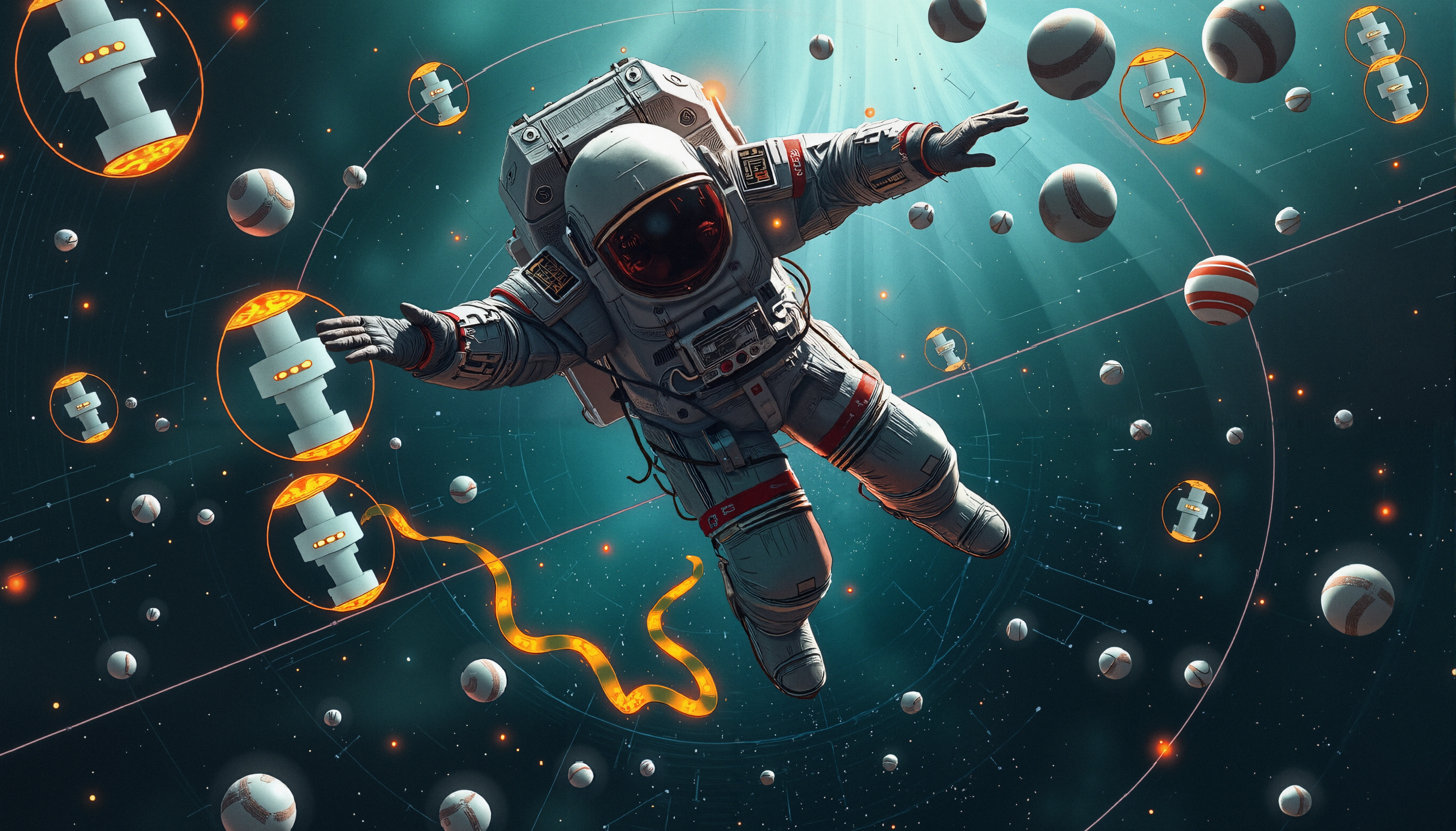 Astronaut in space surrounded by illuminated spheres and futuristic elements.
