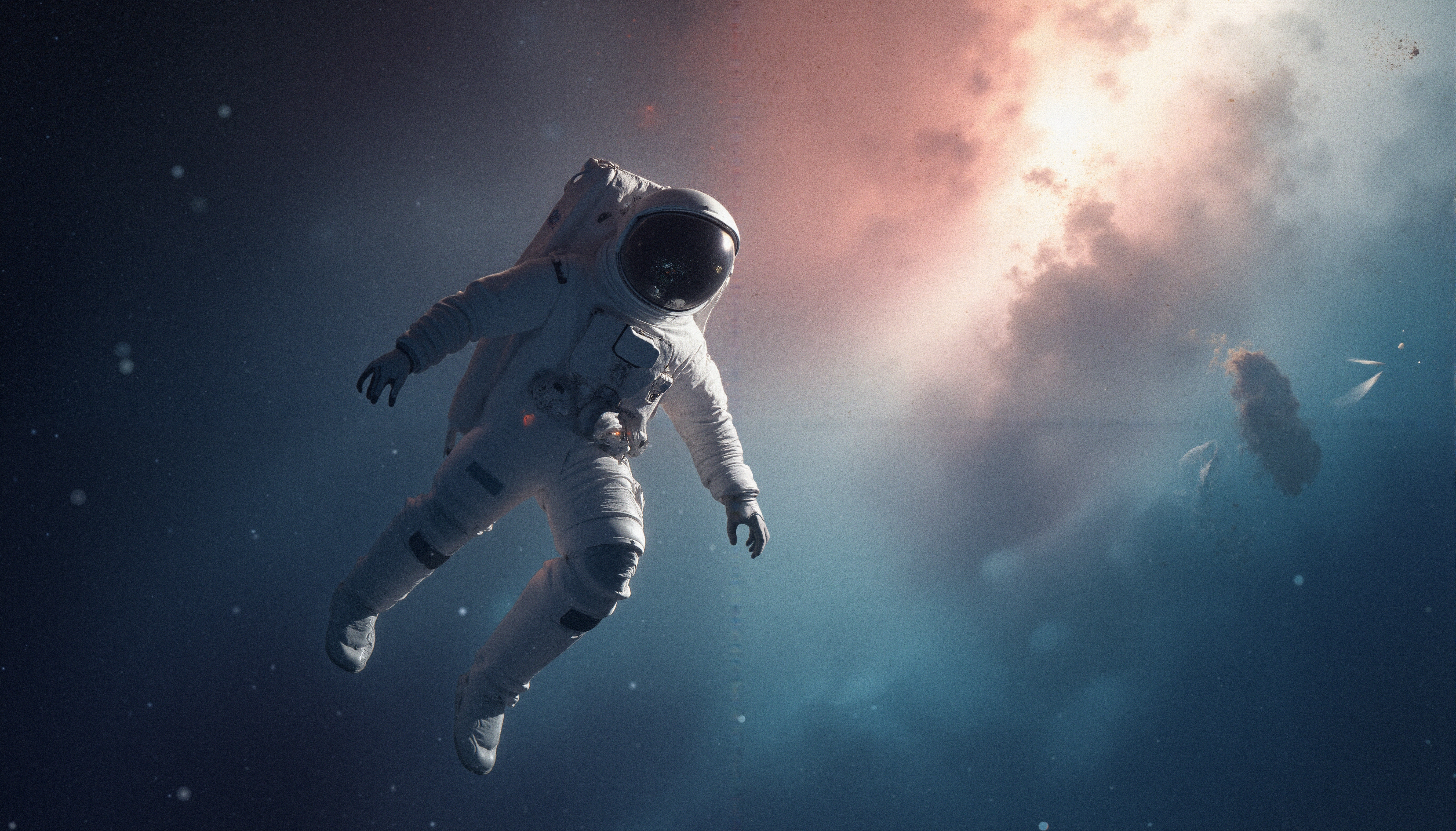 Astronaut floating in deep space amidst cosmic wonders.