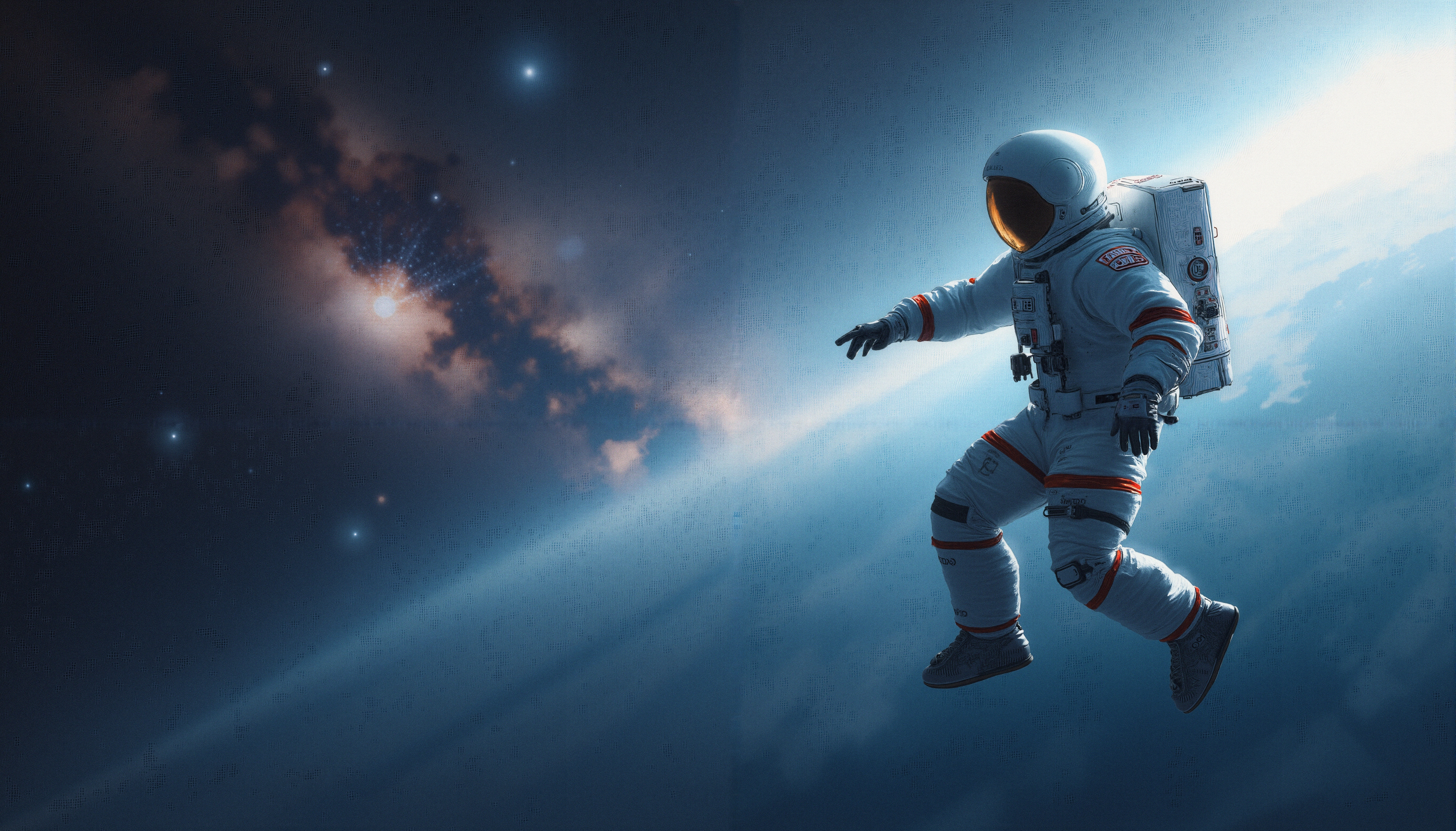Astronaut drifting in space, surrounded by a stunning starscape and cosmic nebula.