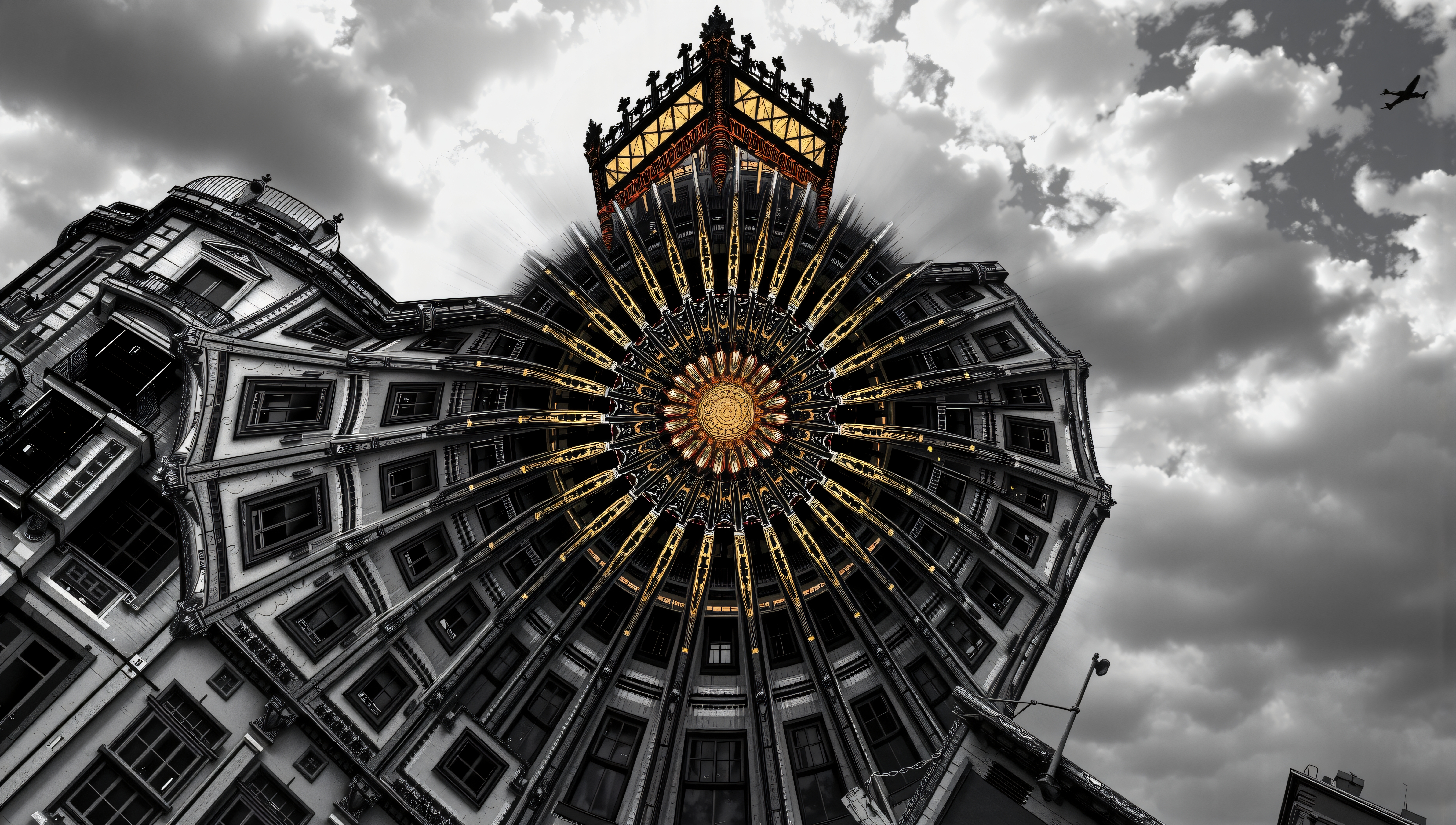 Urban Kaleidoscope Under Clouded Skies