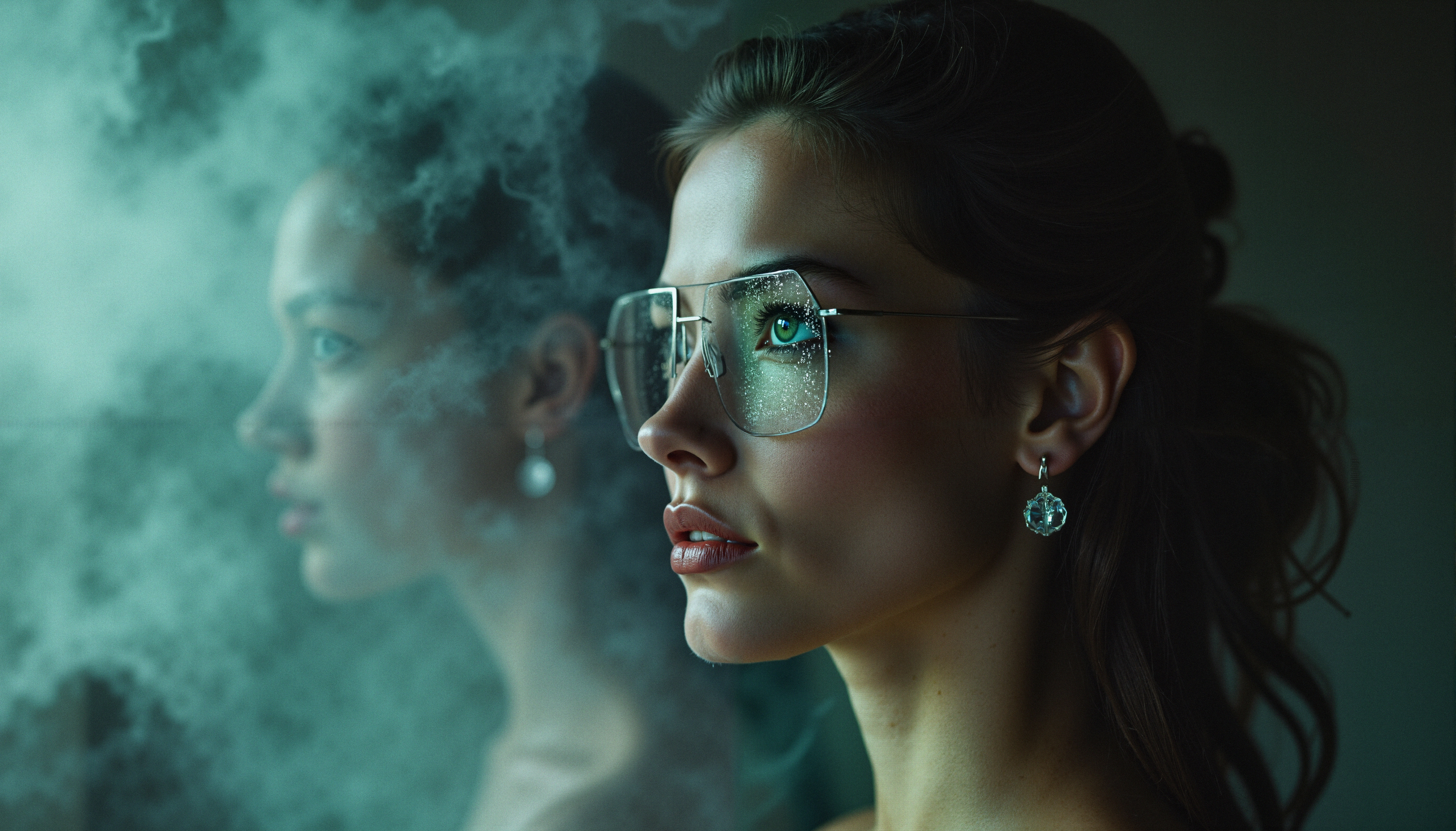 Reflective Elegance in Misty Portrait