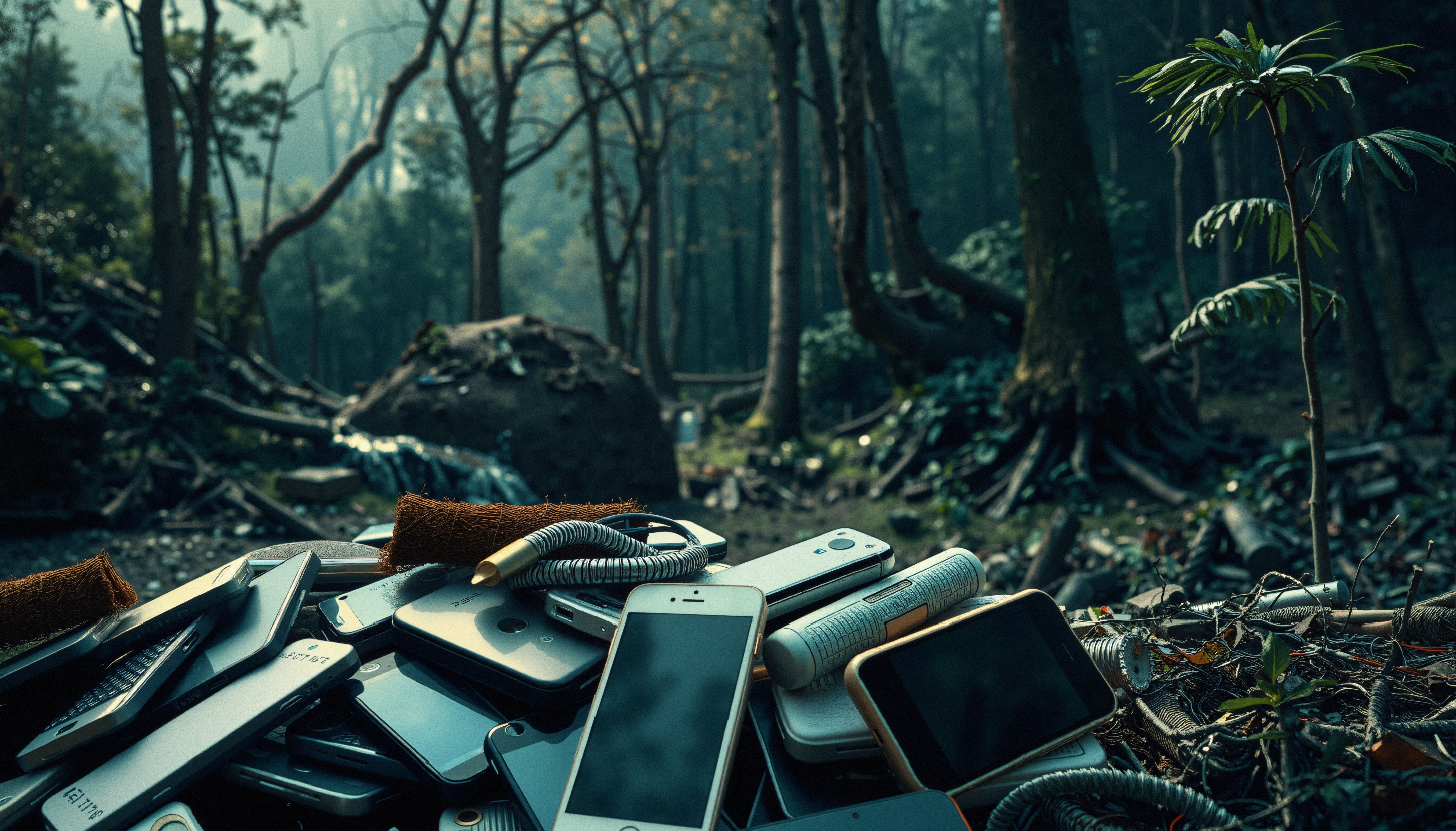 A pile of discarded electronics in a forest highlights environmental impact concerns.