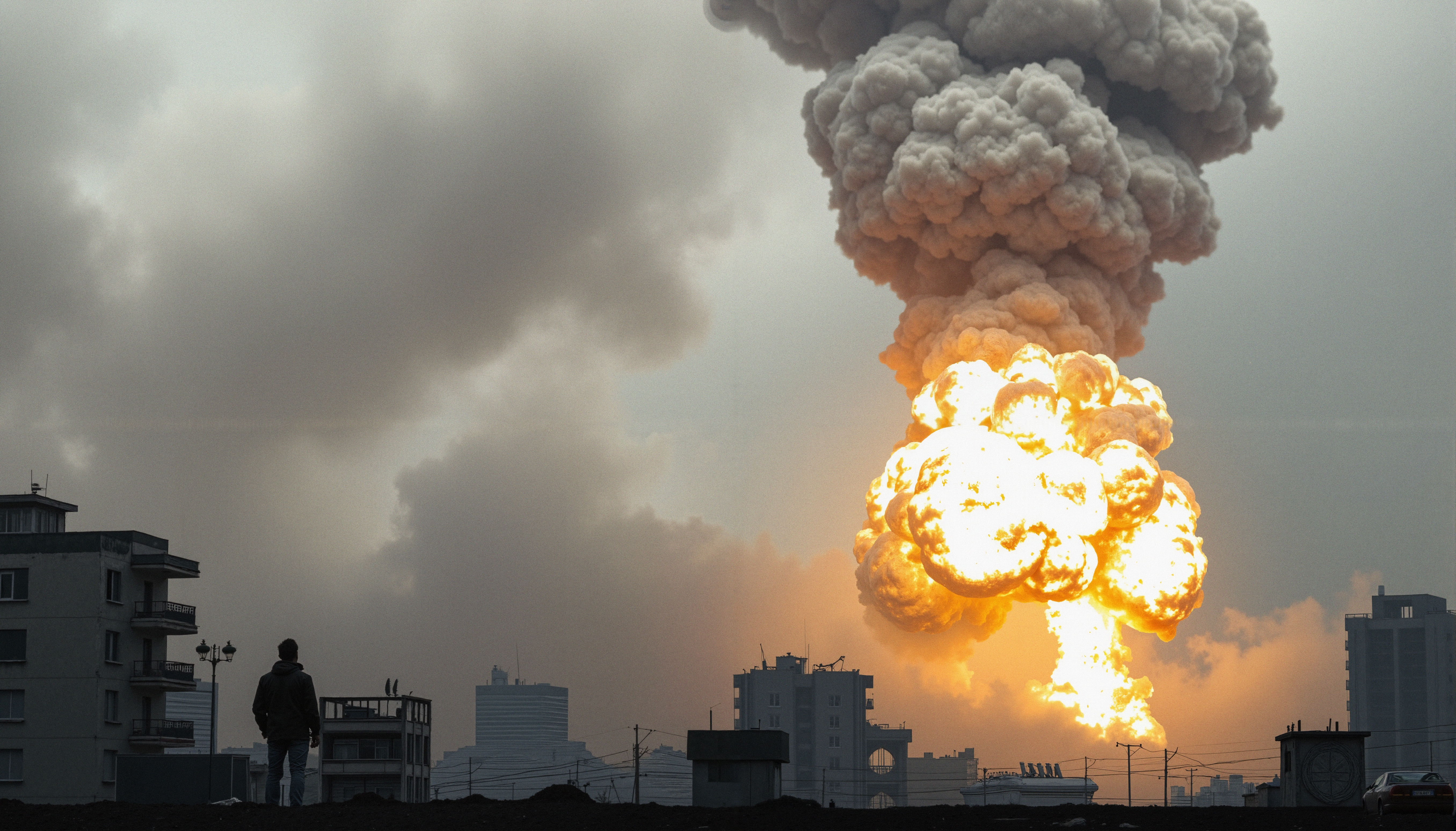 Dramatic urban explosion with person in silhouette.