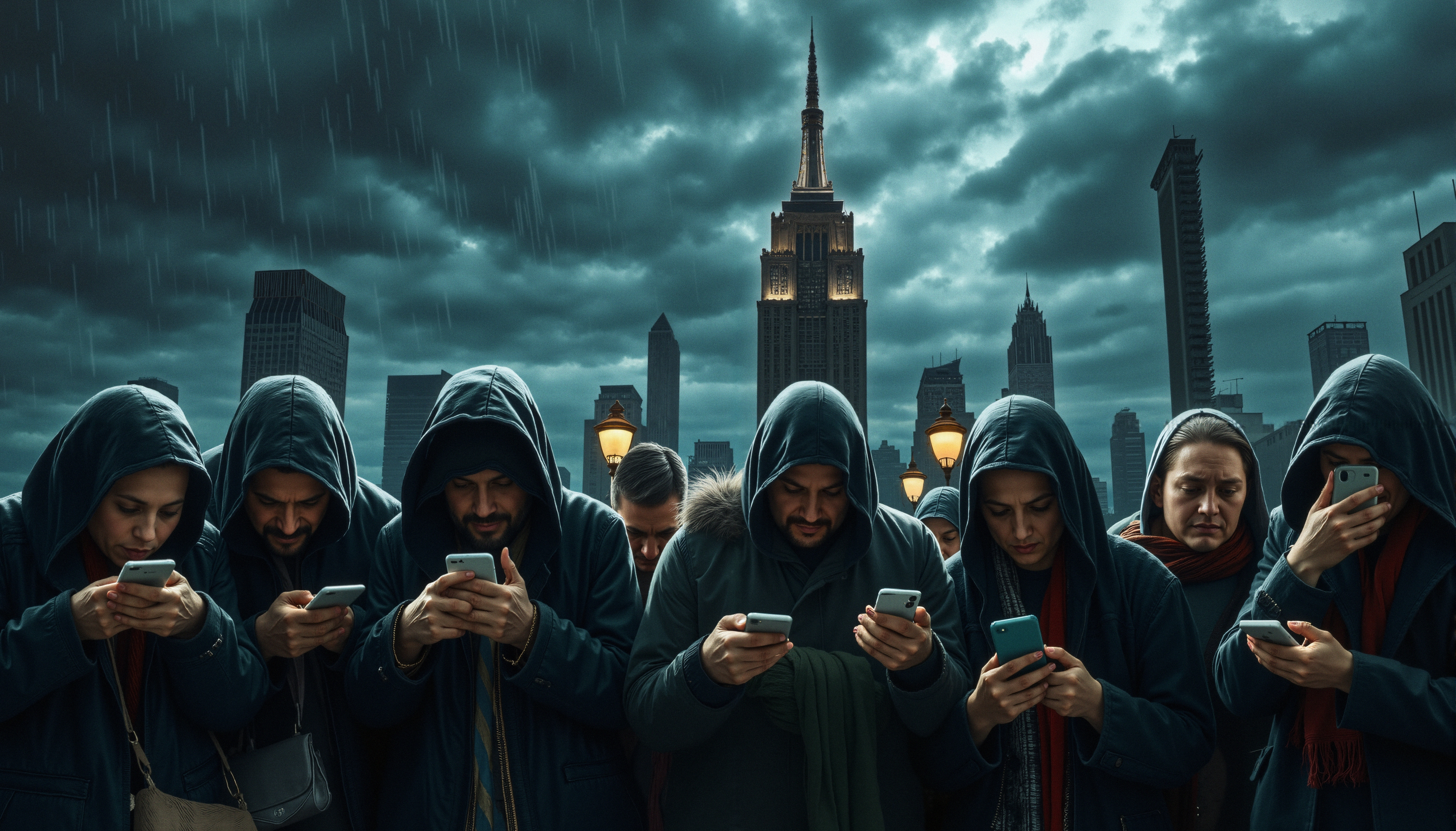 Urban Crowd Absorbed in Screens