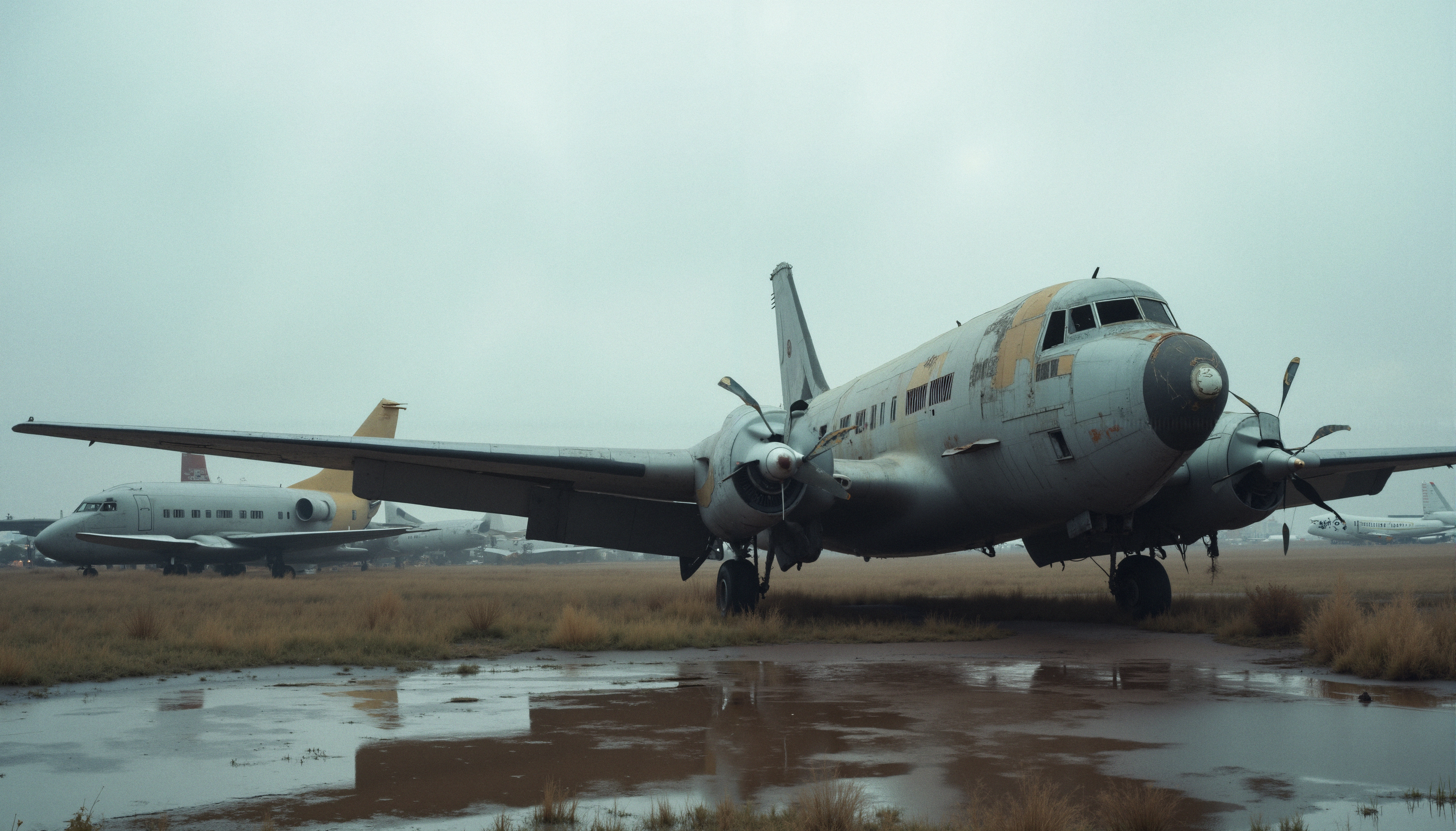 Abandoned aircraft boneyard with airplanes under an overcast sky.